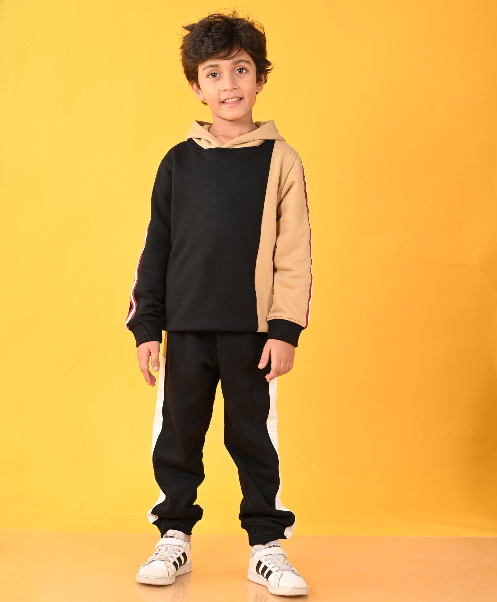 BLACK BEIGE SIDE TAPE HOODIE FLEECE JOGGER SET - BLACK - Anthrilo