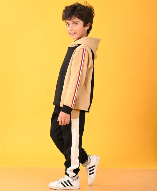 BLACK BEIGE SIDE TAPE HOODIE FLEECE JOGGER SET - BLACK - Anthrilo