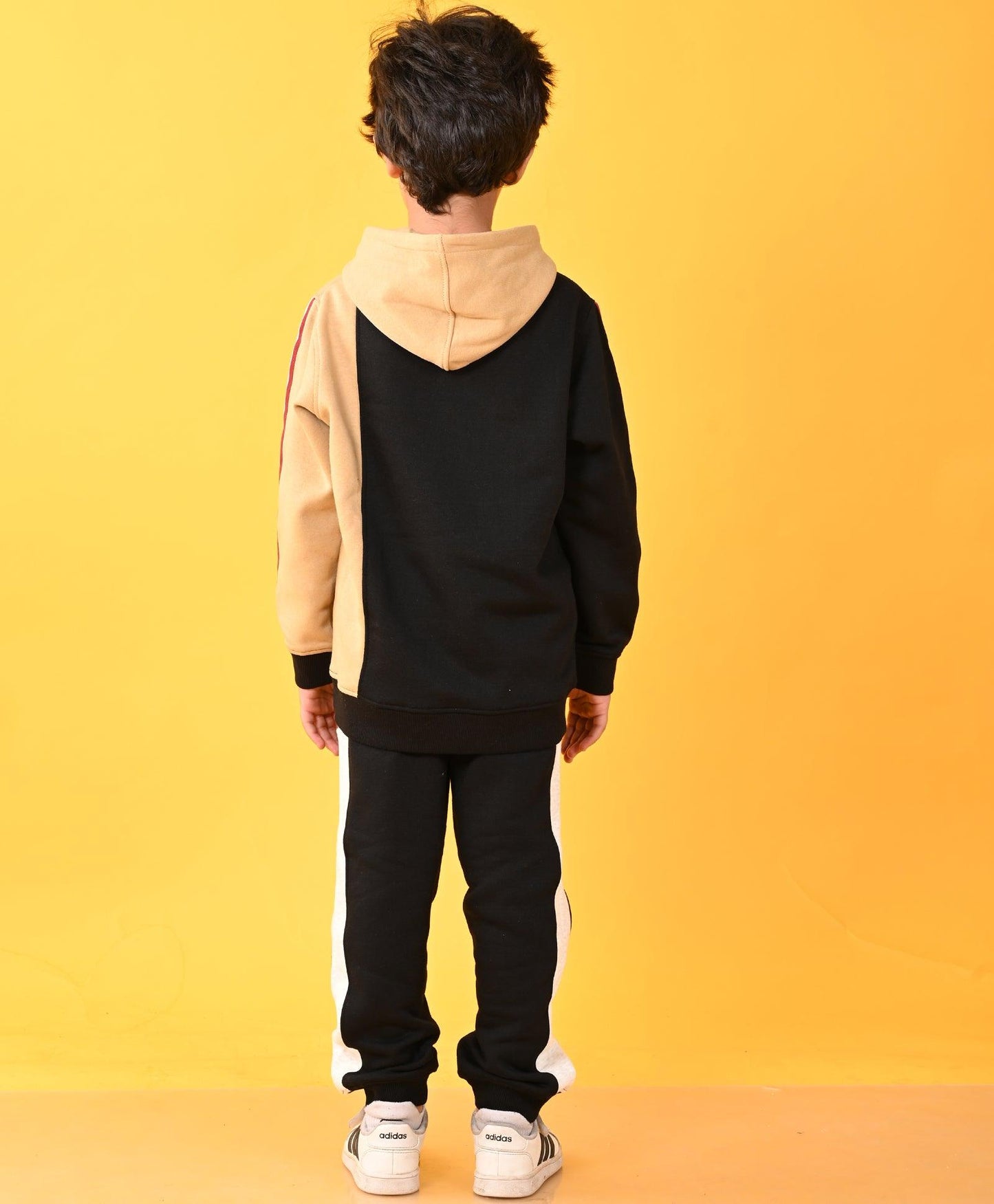 BLACK BEIGE SIDE TAPE HOODIE FLEECE JOGGER SET - BLACK