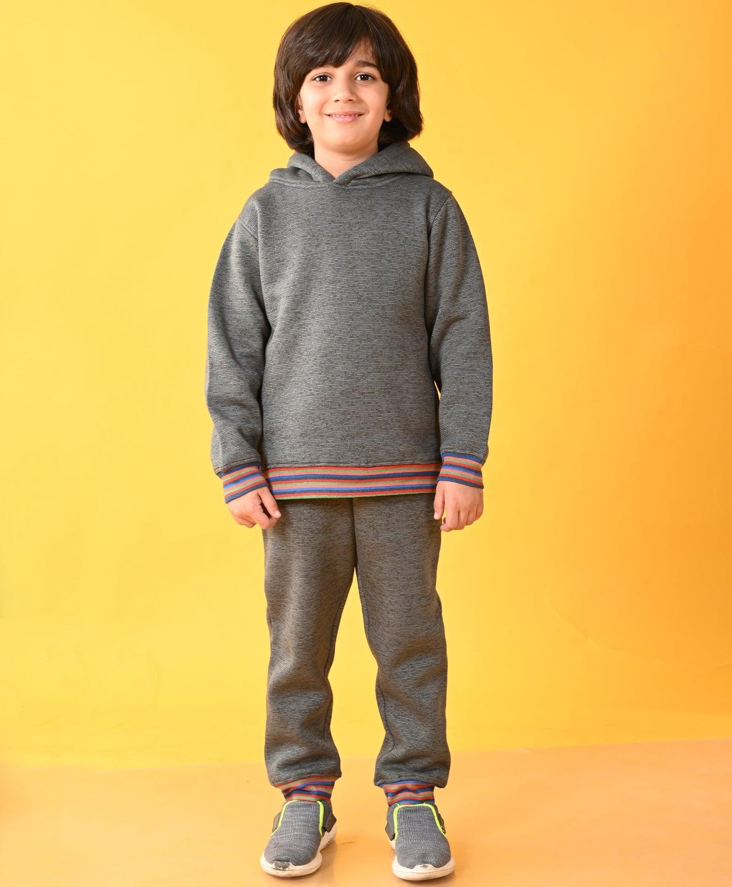 DARK GREY MELANGE FLEECE MULTICOLOR RIB HOODIE JOGGER SET - GREY - Anthrilo