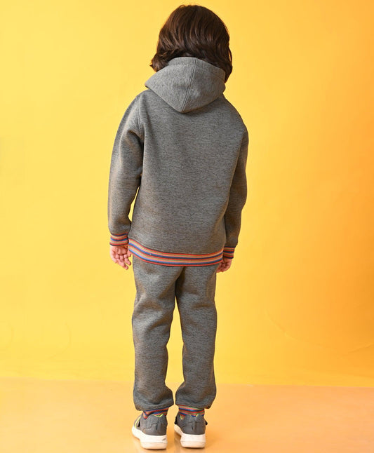 DARK GREY MELANGE FLEECE MULTICOLOR RIB HOODIE JOGGER SET - GREY - Anthrilo