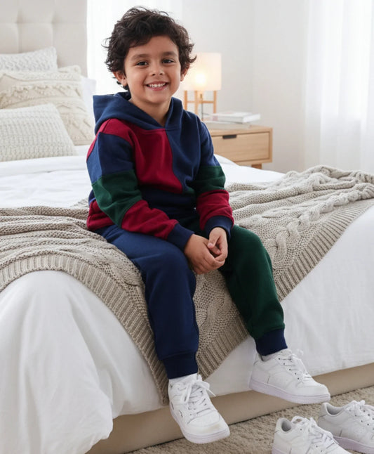 NAVY MEHROON GREEN COLOR BLOCK FLEECE HOODIE JOGGER SET - NAVY