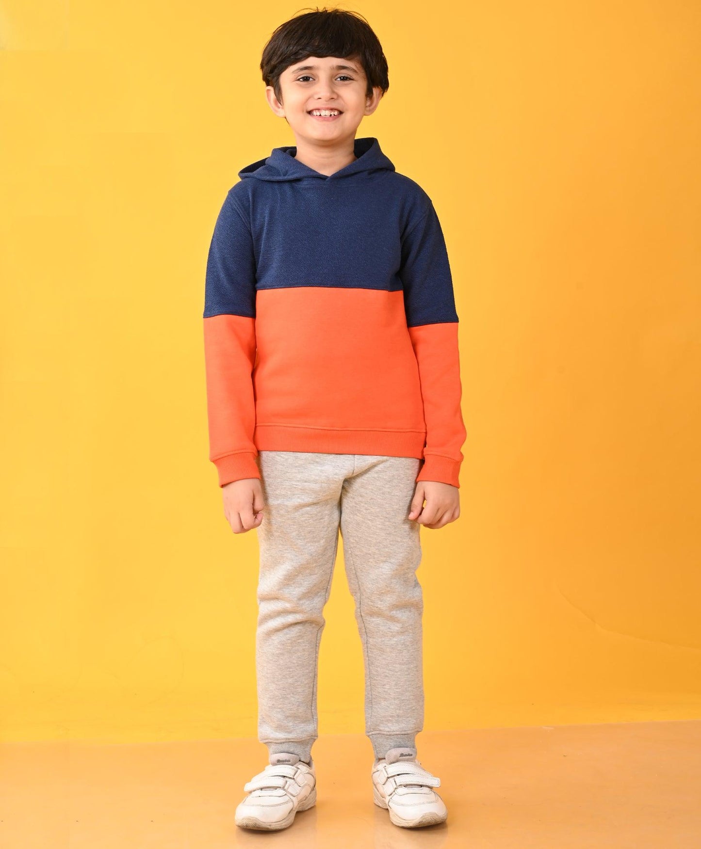 ORANGE NAVY COLOR BLOCK BOYS HOODIE GREY MELANGE JOGGER SET - NAVY / GREY