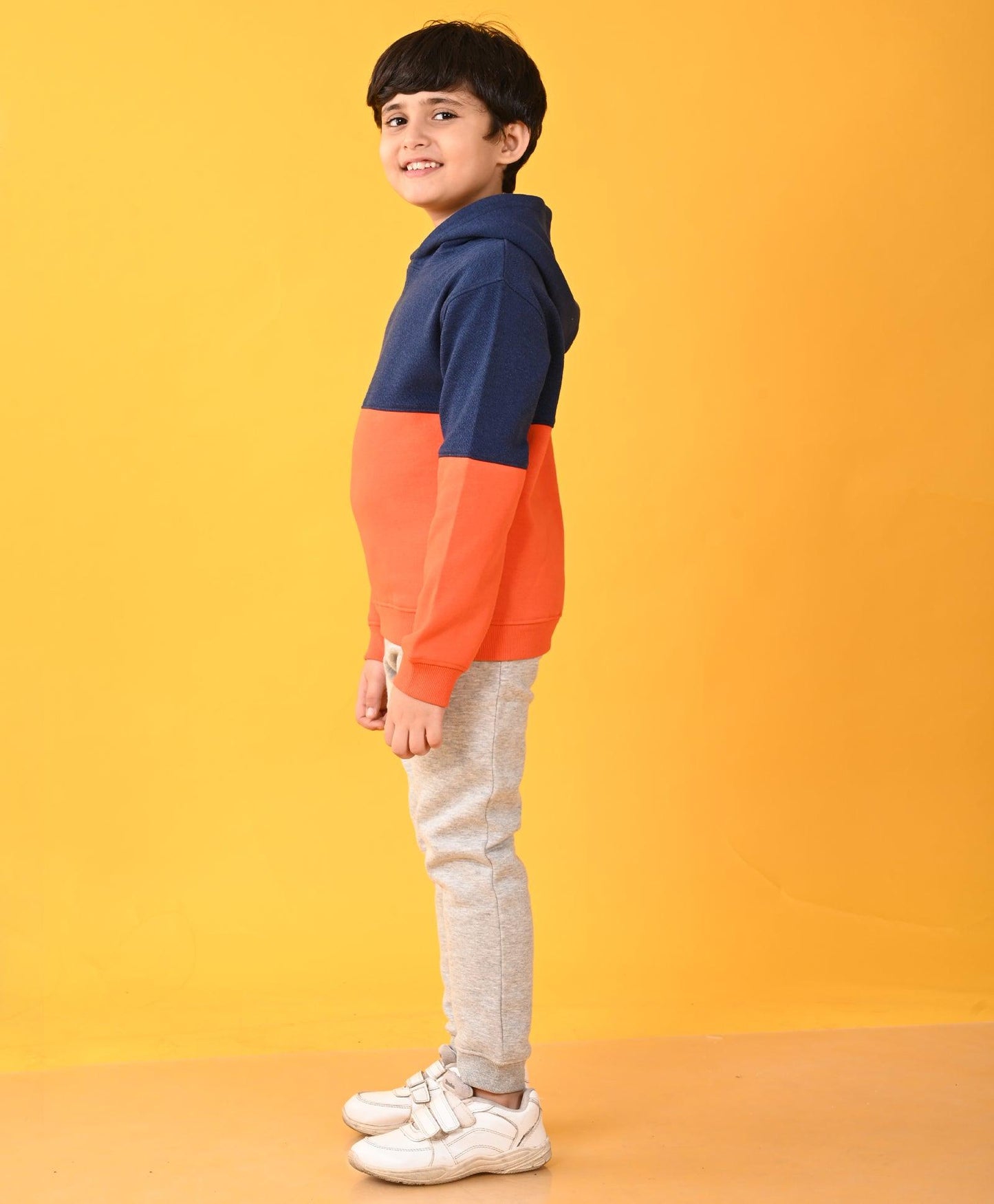 ORANGE NAVY COLOR BLOCK BOYS HOODIE GREY MELANGE JOGGER SET - NAVY / GREY