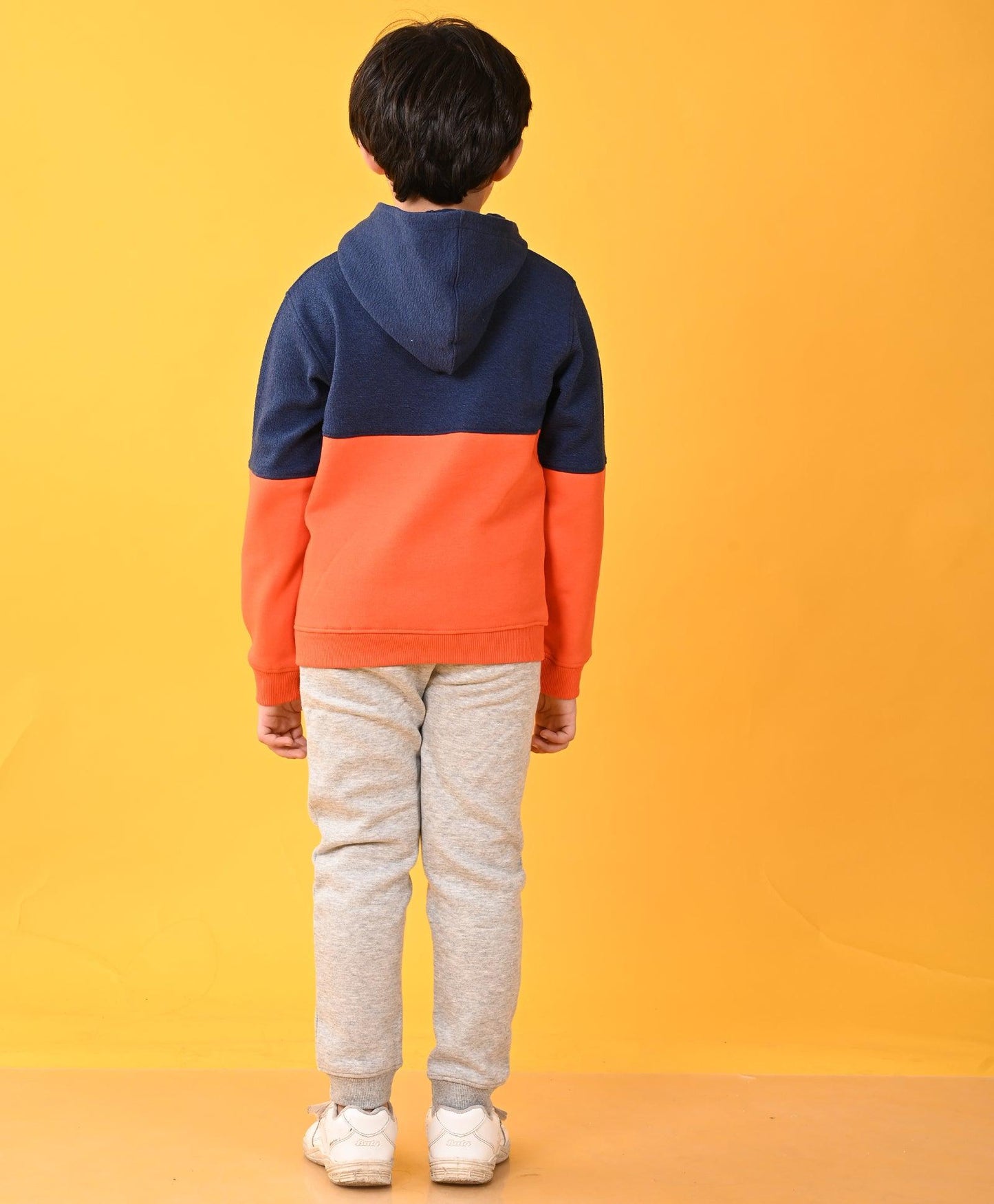 ORANGE NAVY COLOR BLOCK BOYS HOODIE GREY MELANGE JOGGER SET - NAVY / GREY