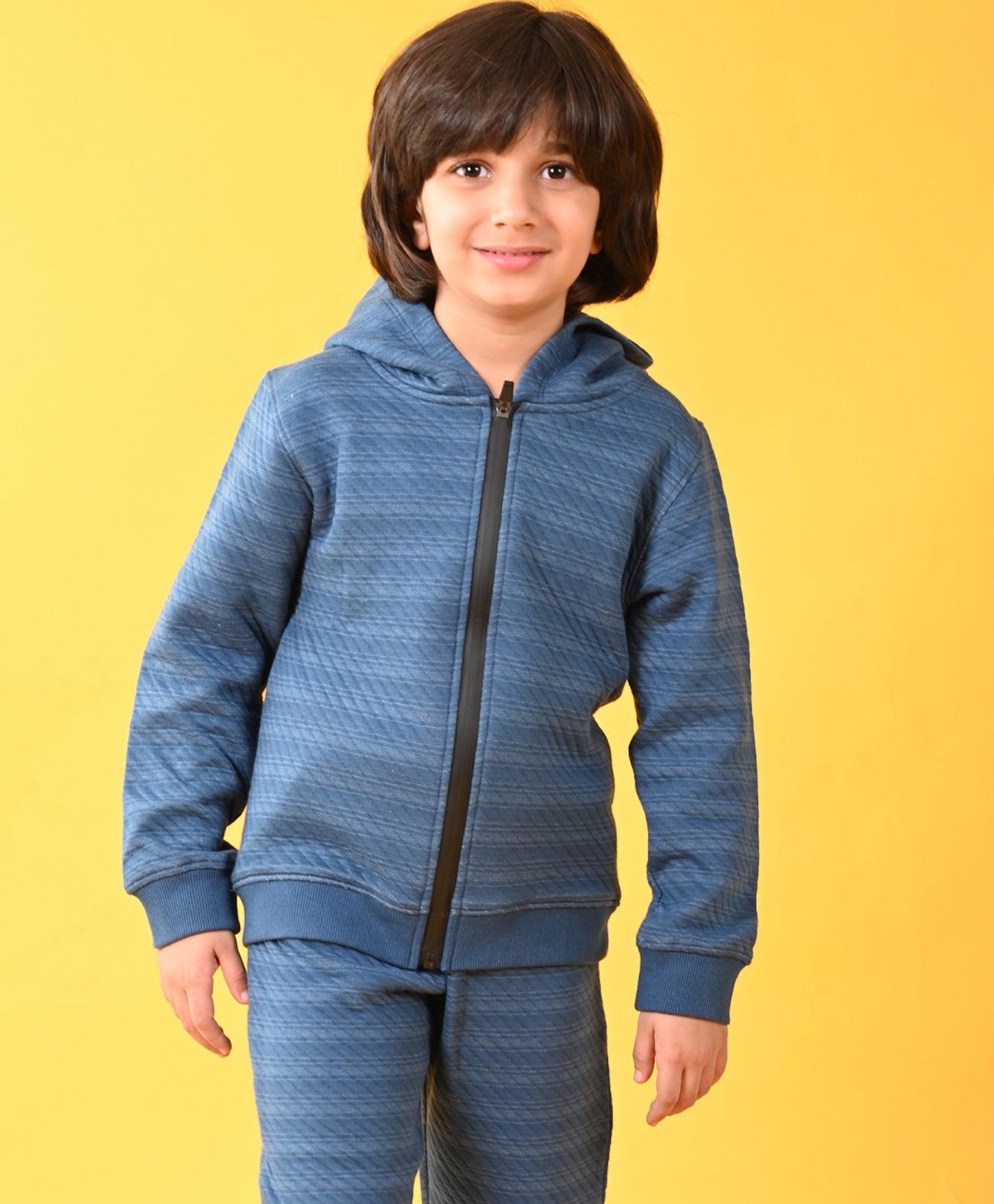 BLUE DIAGONAL QUILTED ZIPPER HOODIE - BLUE