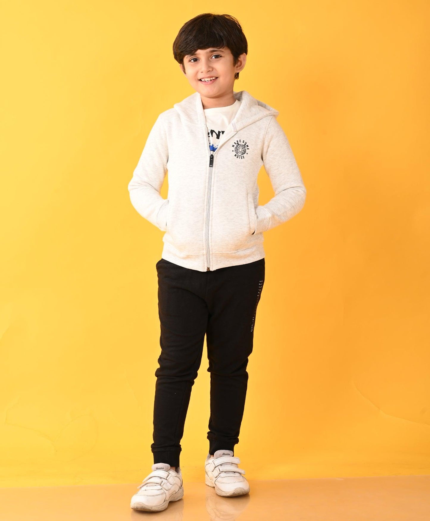 ECRU MELANGE BLACK FLEECE BOYS ZIPPER HOODIE JOGGER SET - ECRU / BLACK