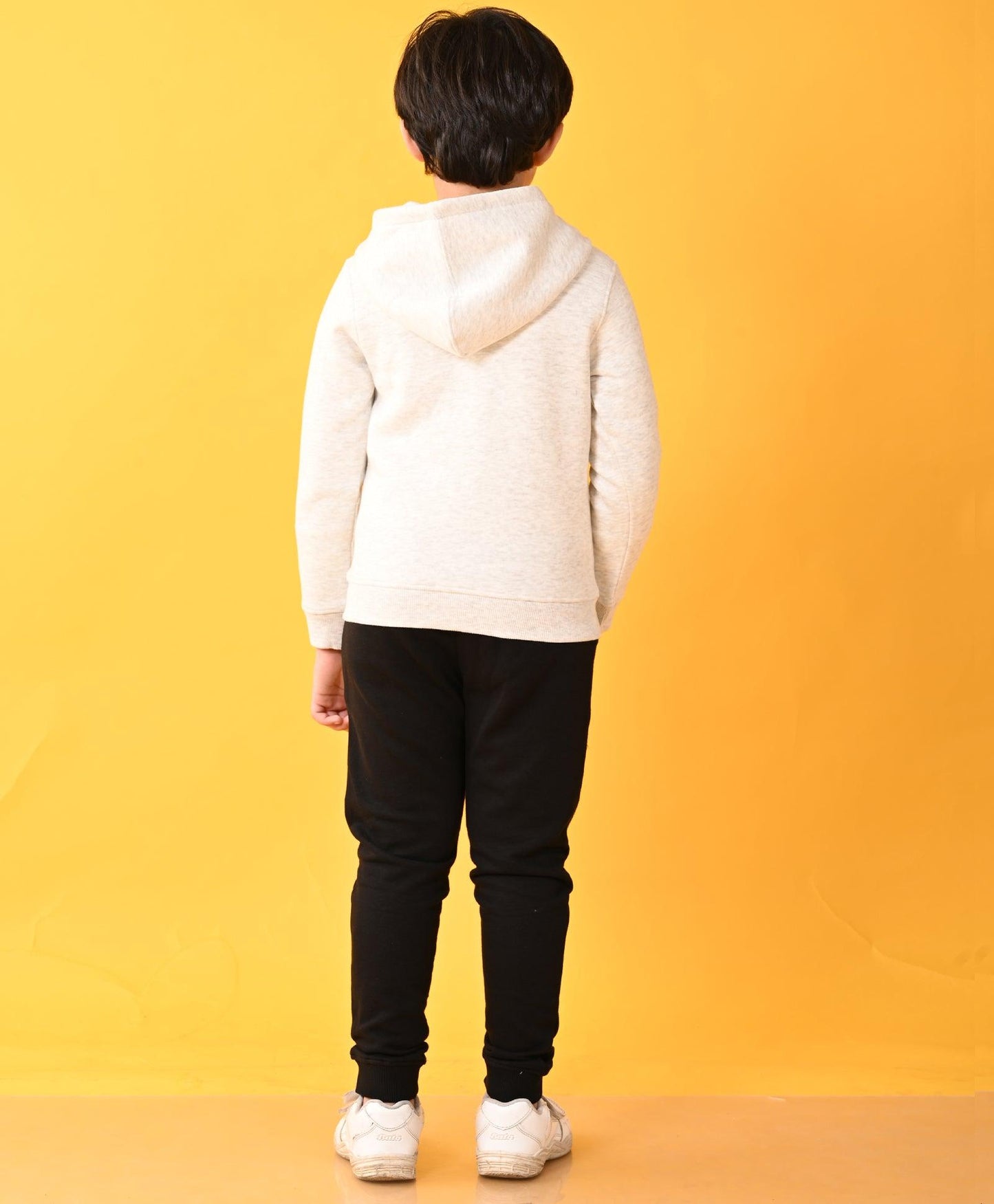 ECRU MELANGE BLACK FLEECE BOYS ZIPPER HOODIE JOGGER SET - ECRU / BLACK