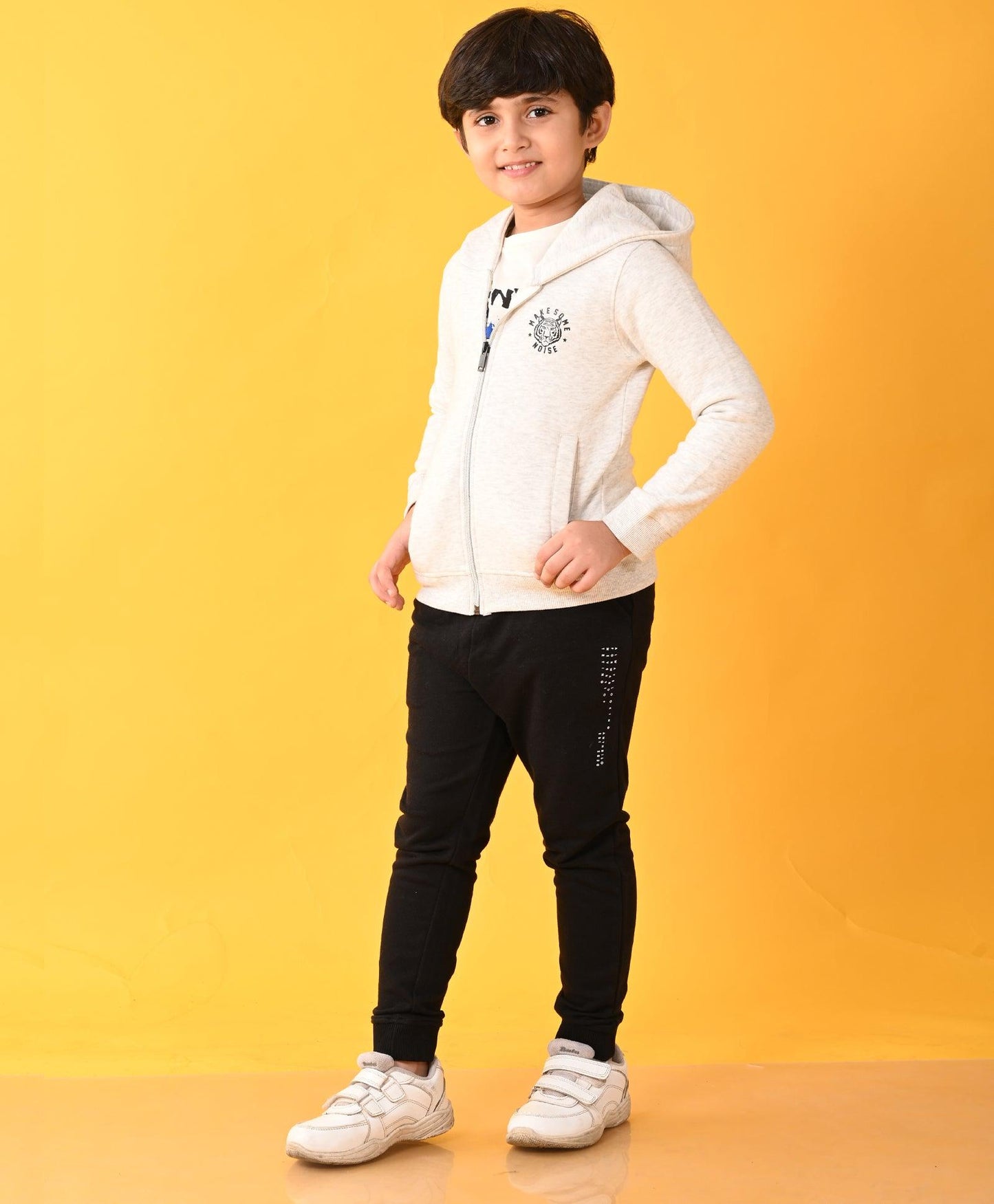 ECRU MELANGE BLACK FLEECE BOYS ZIPPER HOODIE JOGGER SET - ECRU / BLACK