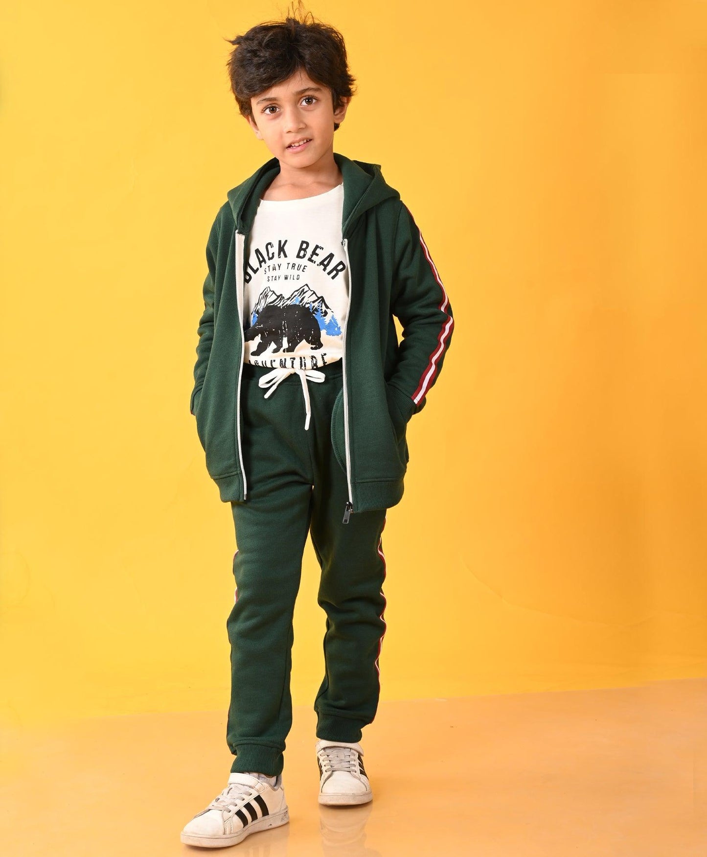 GREEN SIDE TAPE FLEECE BOYS ZIPPER JOGGER SET - GREEN