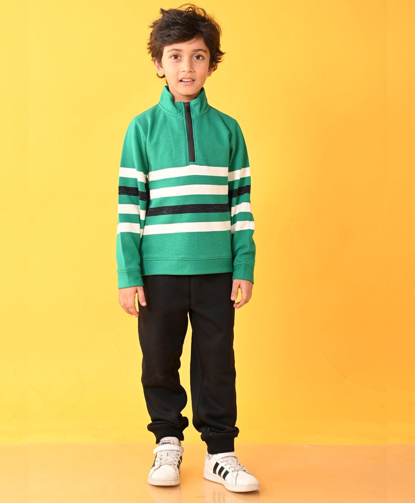 GREEN STRIPER HALF ZIPPER BLACK FLEECE SWEATSHIRT JOGGER SET - GREEN / BLACK