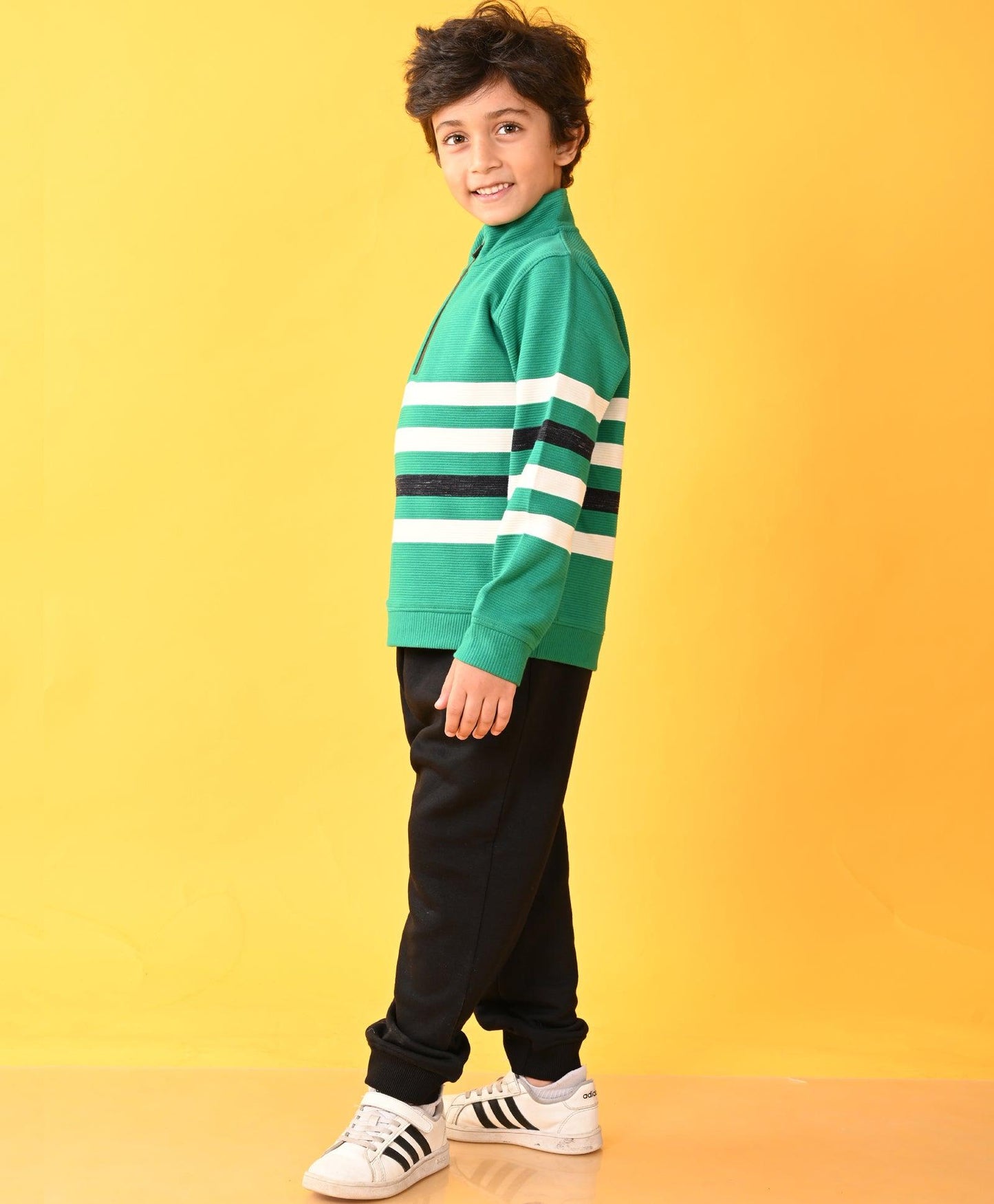 GREEN STRIPER HALF ZIPPER BLACK FLEECE SWEATSHIRT JOGGER SET - GREEN / BLACK