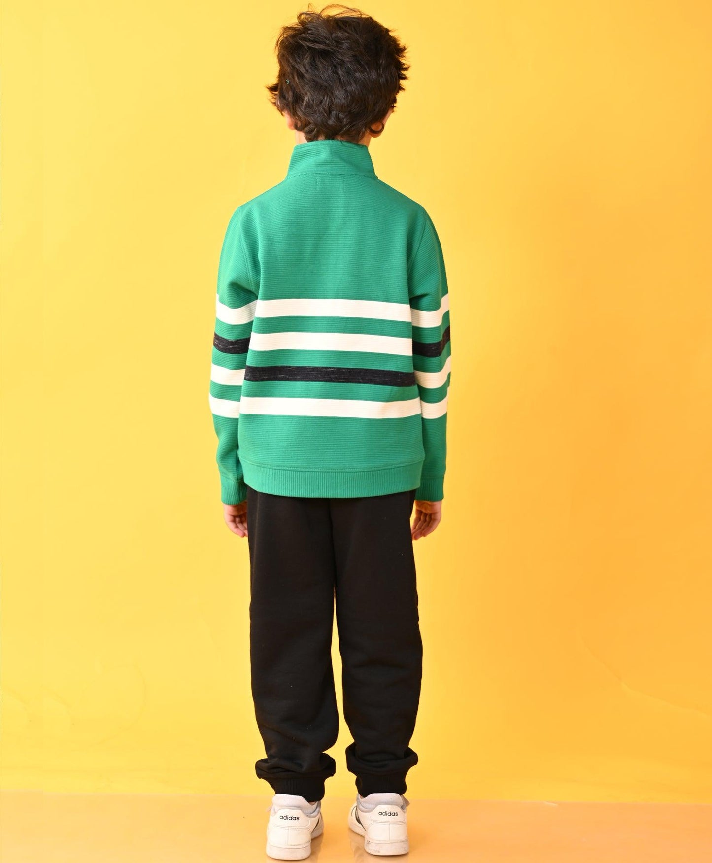 GREEN STRIPER HALF ZIPPER BLACK FLEECE SWEATSHIRT JOGGER SET - GREEN / BLACK