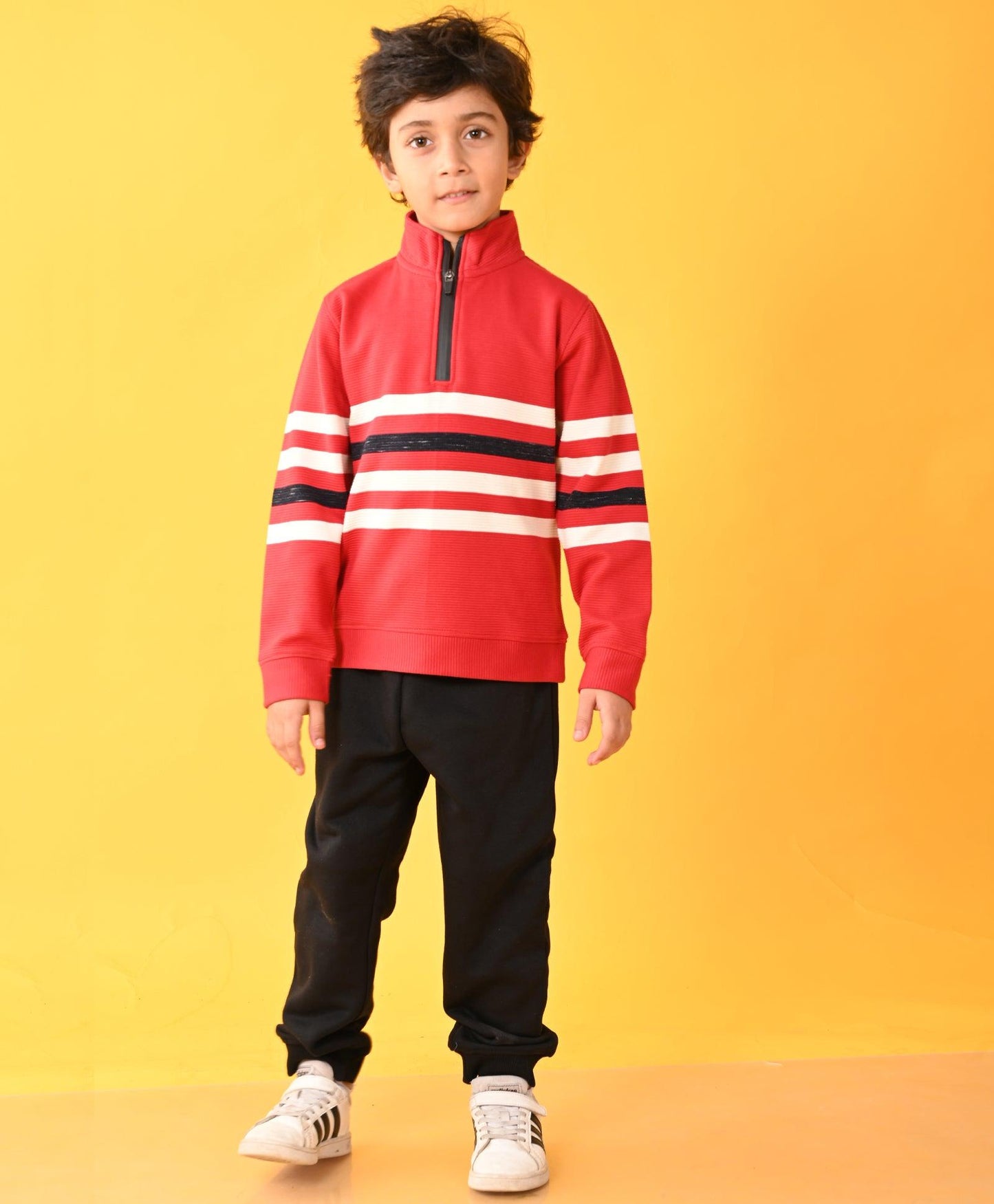 RED STRIPER HALF ZIPPER BLACK FLEECE SWEATSHIRT JOGGER SET - RED /BLACK