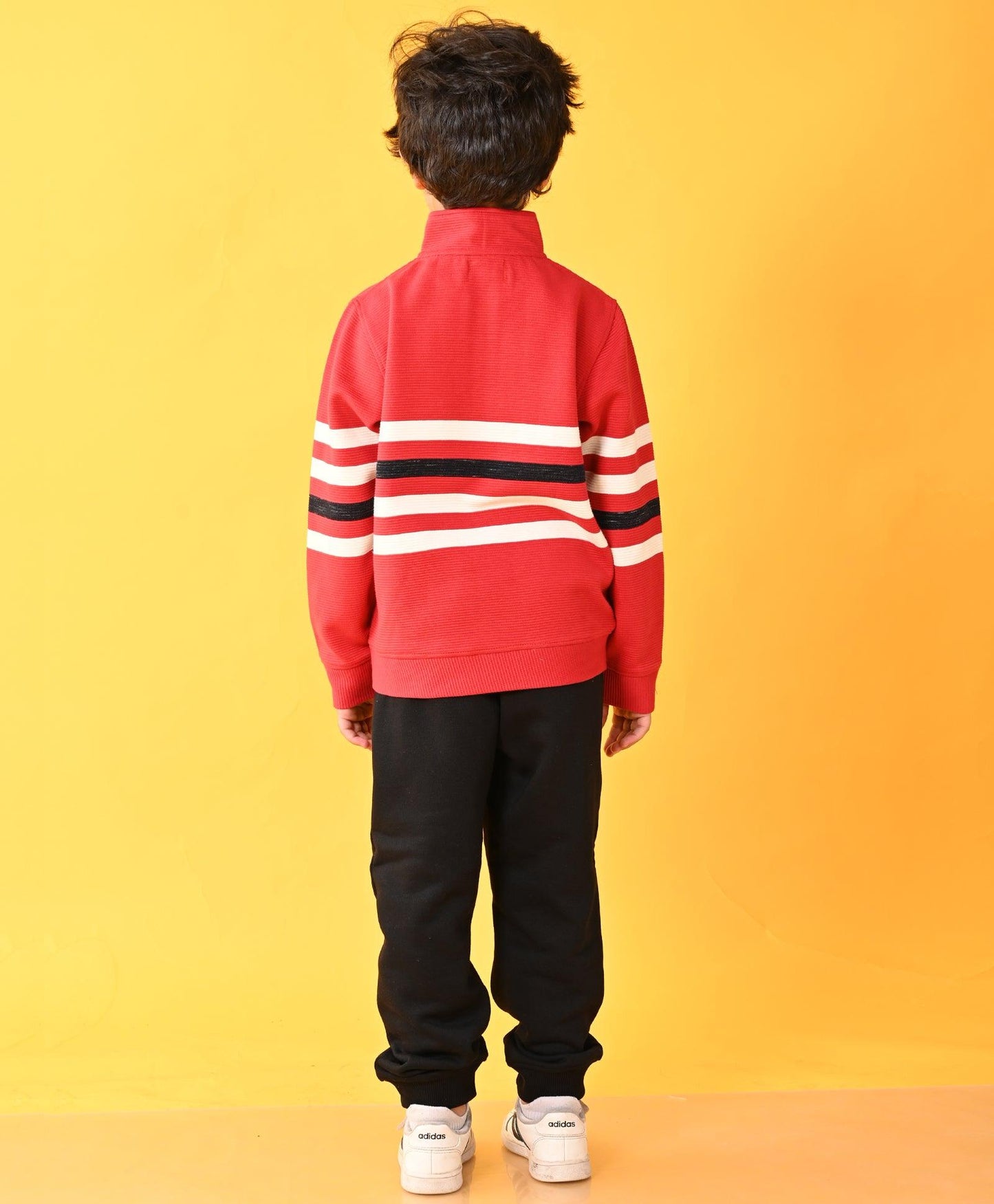 RED STRIPER HALF ZIPPER BLACK FLEECE SWEATSHIRT JOGGER SET - RED /BLACK