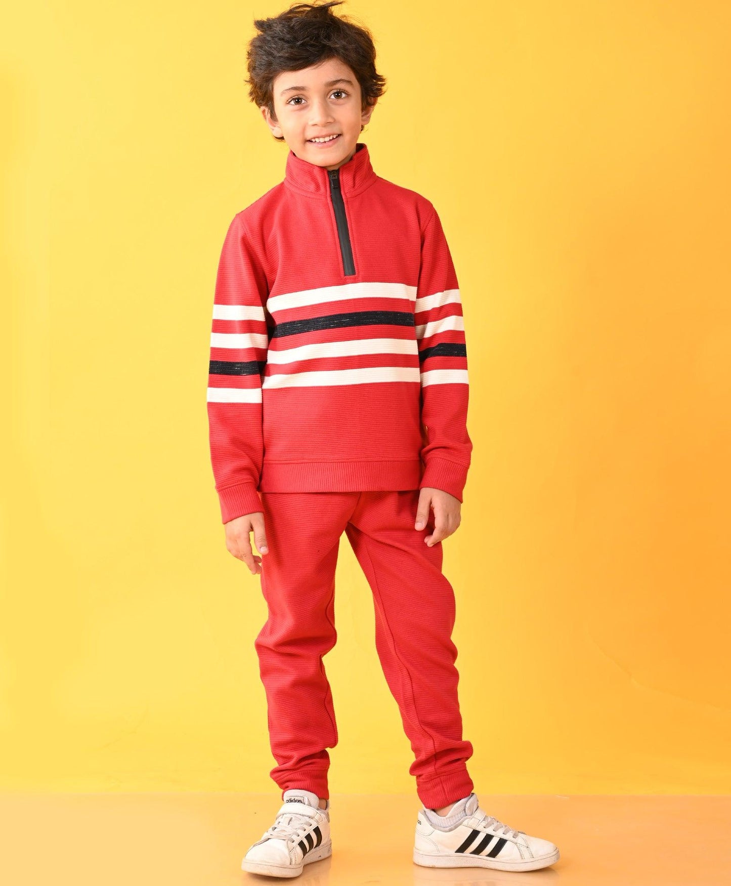 RED STRIPER HALF ZIPPER BOYS SWEATSHIRT JOGGER SET - RED