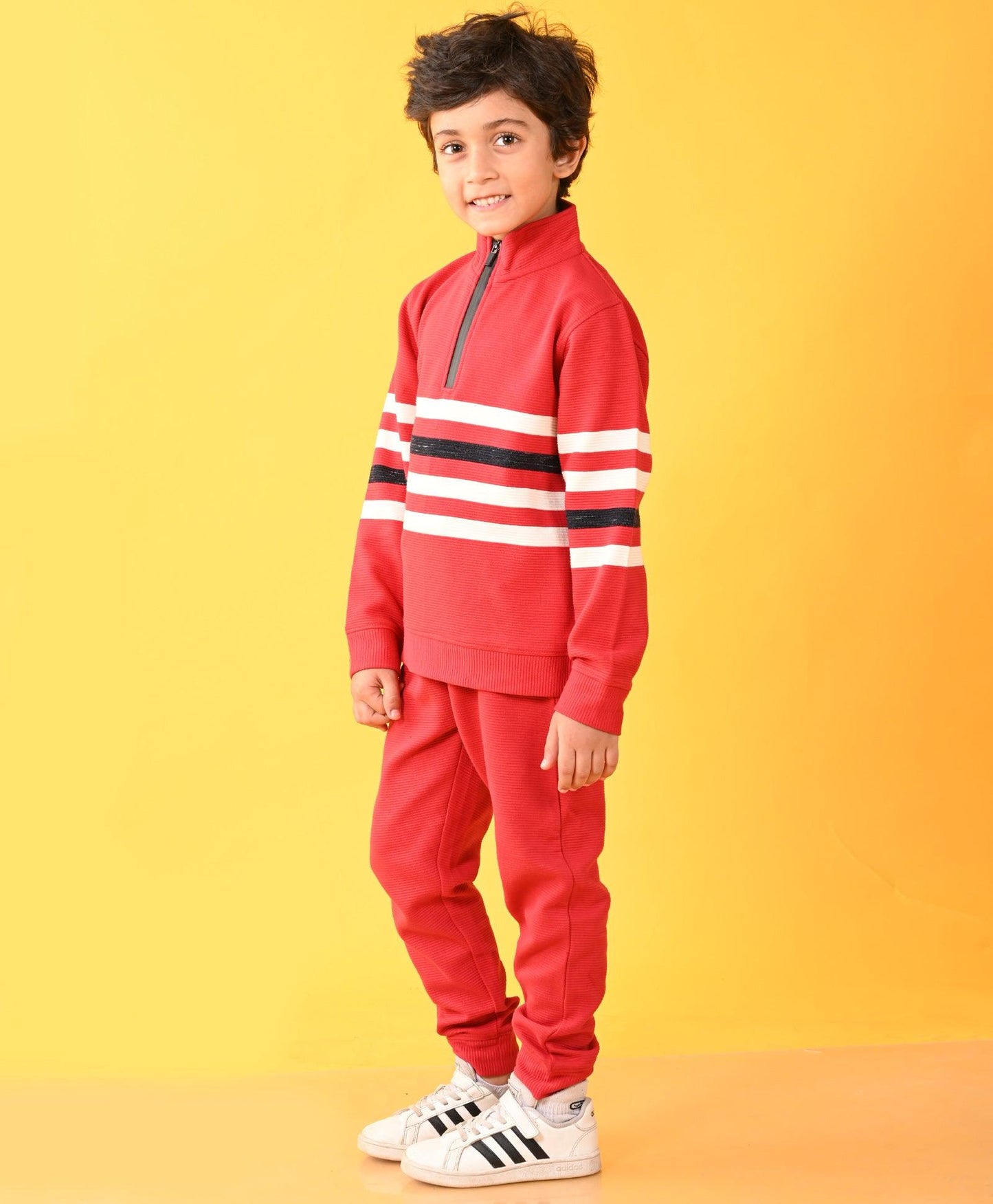 RED STRIPER HALF ZIPPER BOYS SWEATSHIRT JOGGER SET - RED