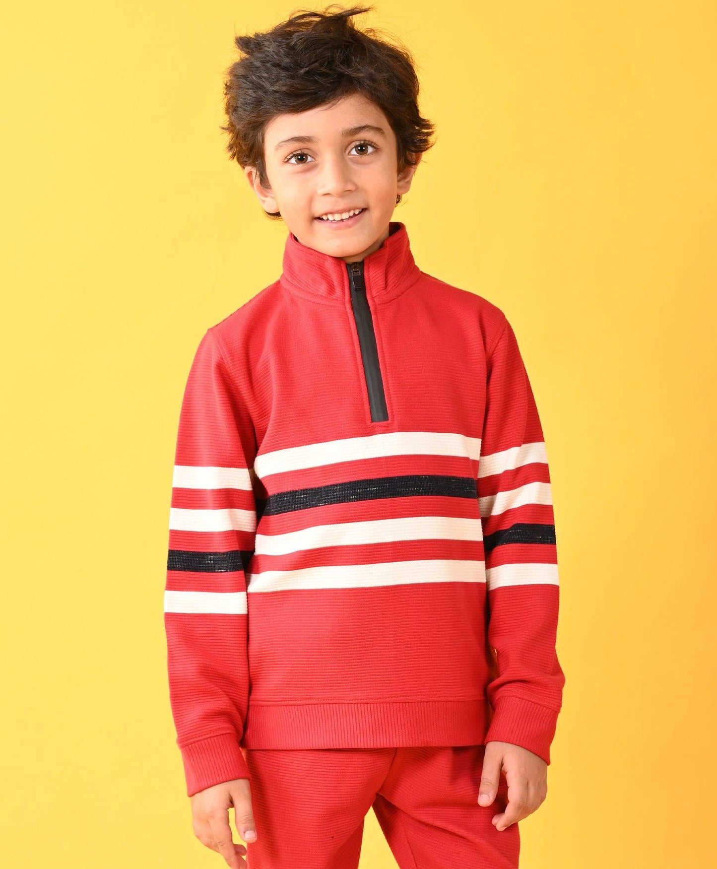 RED STRIPER HALF ZIPPER BOYS SWEATSHIRT JOGGER SET - RED