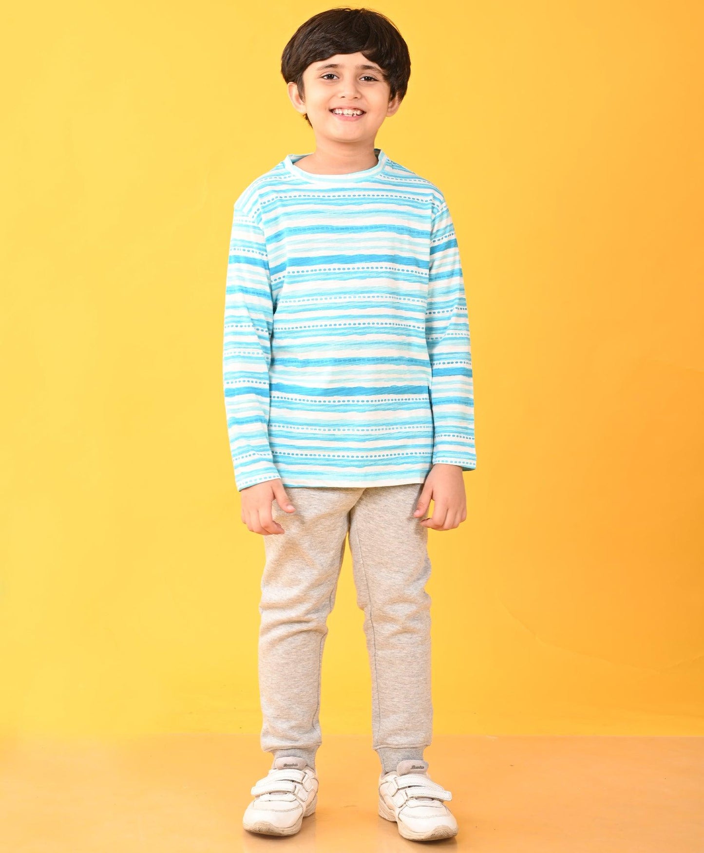 BLUE DOTTED STRIPE T-SHIRT GREY FLEECE JOGGER SET - BLUE / GREY