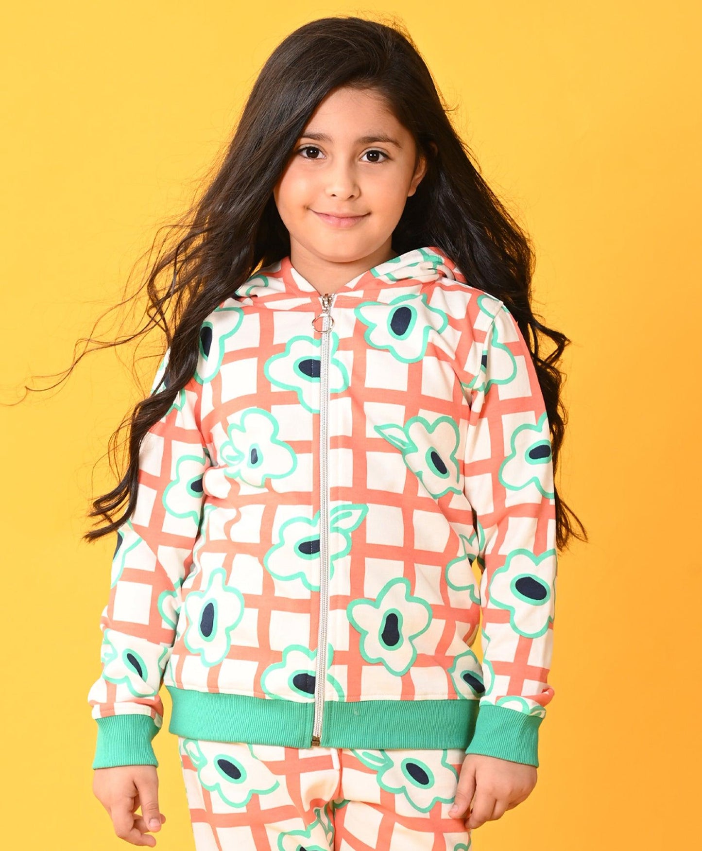 FLORAL CHECK FLEECE GIRLS ZIPPER HOODIE D - WHITE