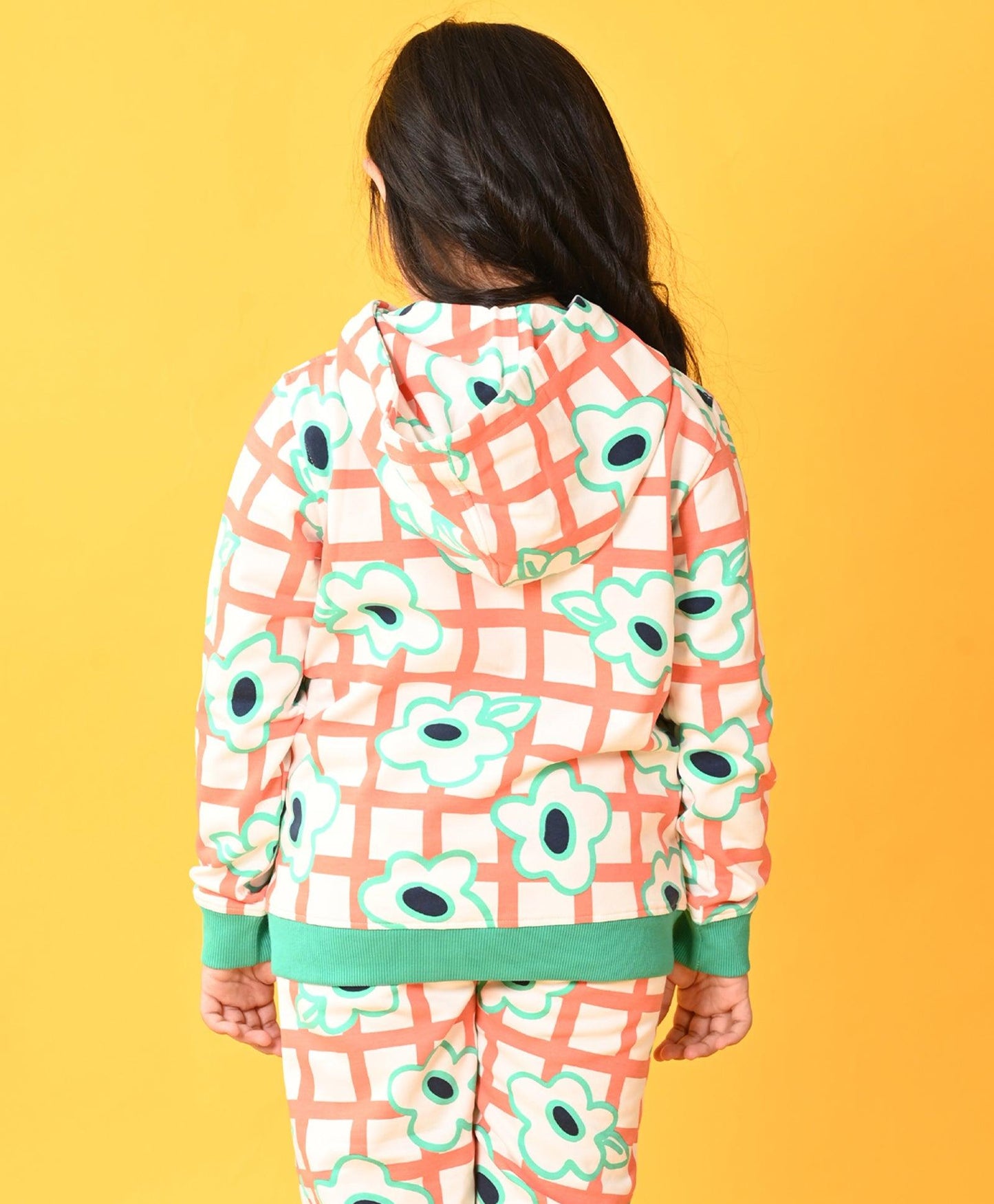 FLORAL CHECK FLEECE GIRLS ZIPPER HOODIE D - WHITE