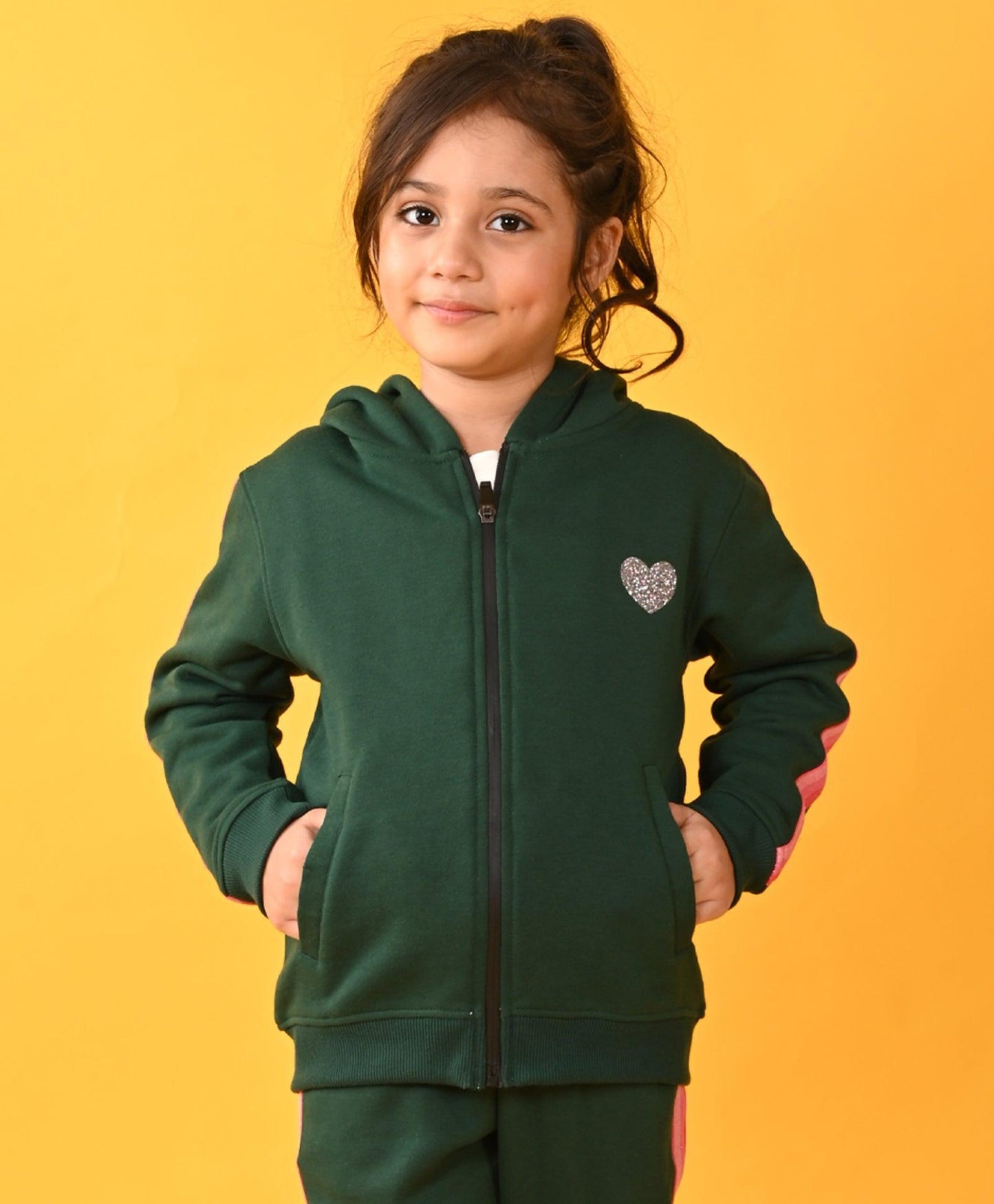 OLIVE FLEECE PINK GLITTER TAPE ZIPPER HOODIE - OLIVE - Anthrilo
