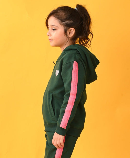 OLIVE FLEECE PINK GLITTER TAPE ZIPPER HOODIE - OLIVE - Anthrilo
