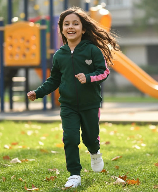 OLIVE FLEECE PINK GLITTER TAPE ZIPPER HOODIE JOGGER SET - OLIVE