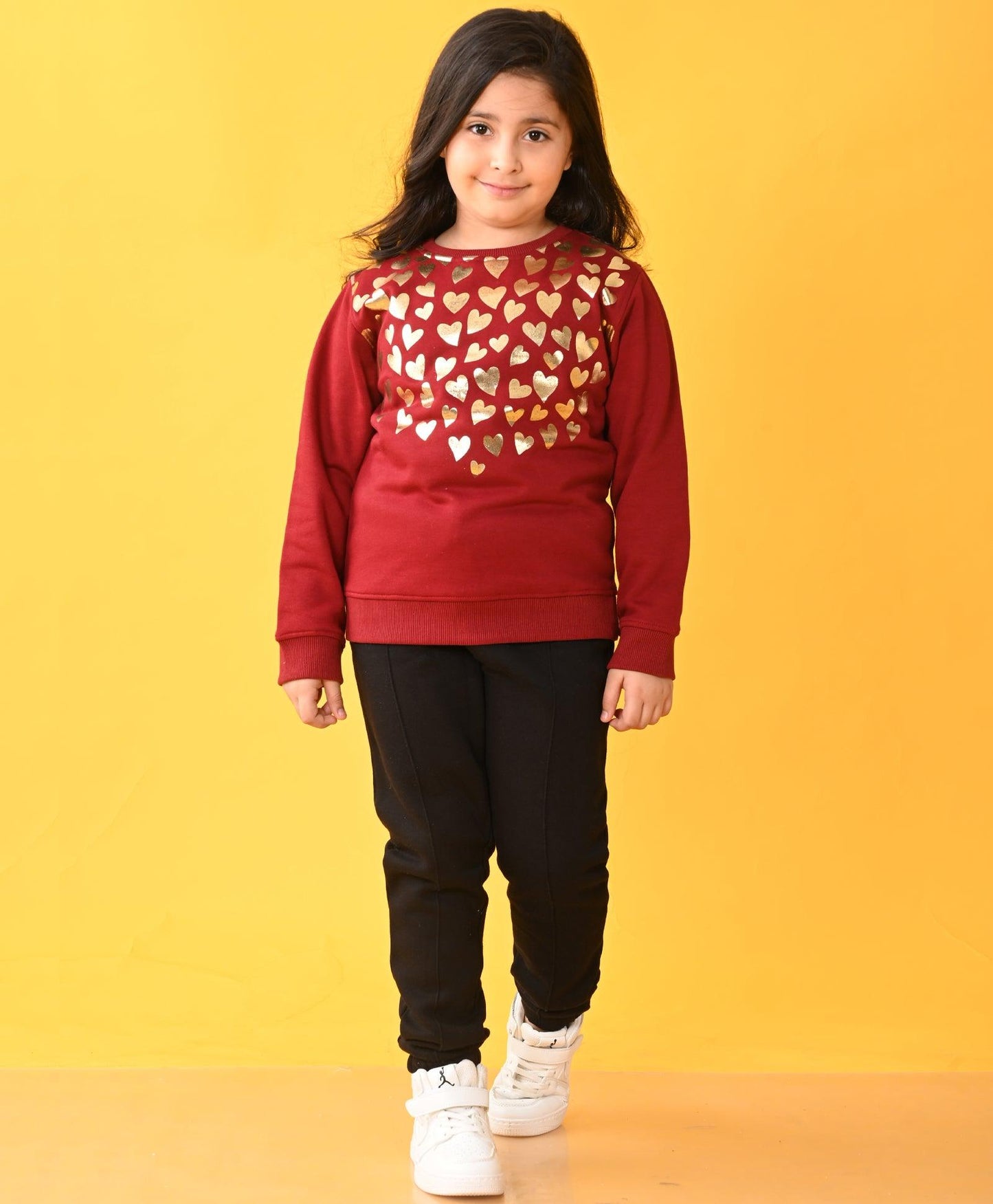 HEART FOIL FLEECE SWEATSHIRT BLACK JOGGER SET - MEHROON / BLACK