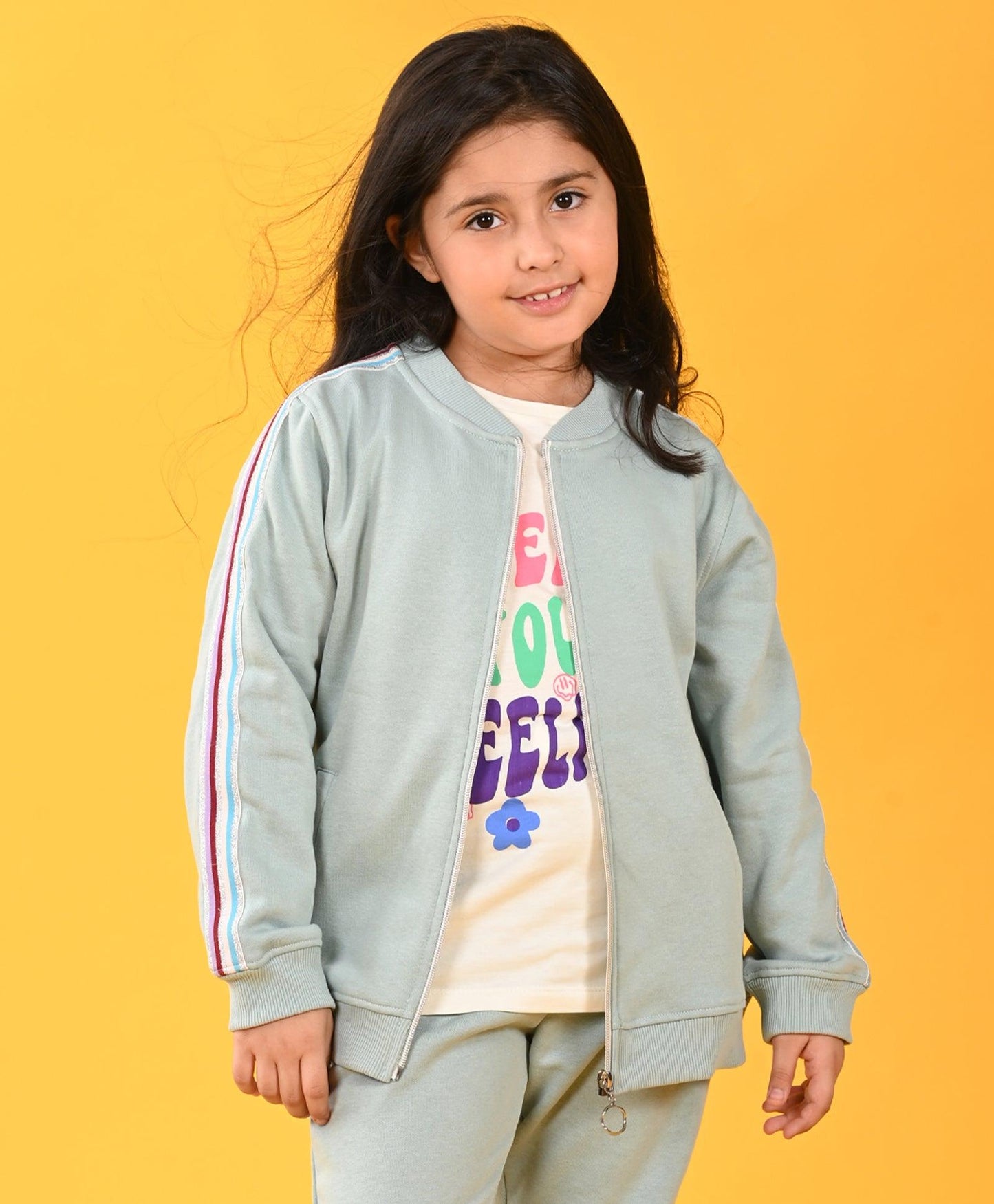 OIL GREEN PINK SIDE TAPE FLEECE ZIPPER SWEATSHIRT D - GREEN