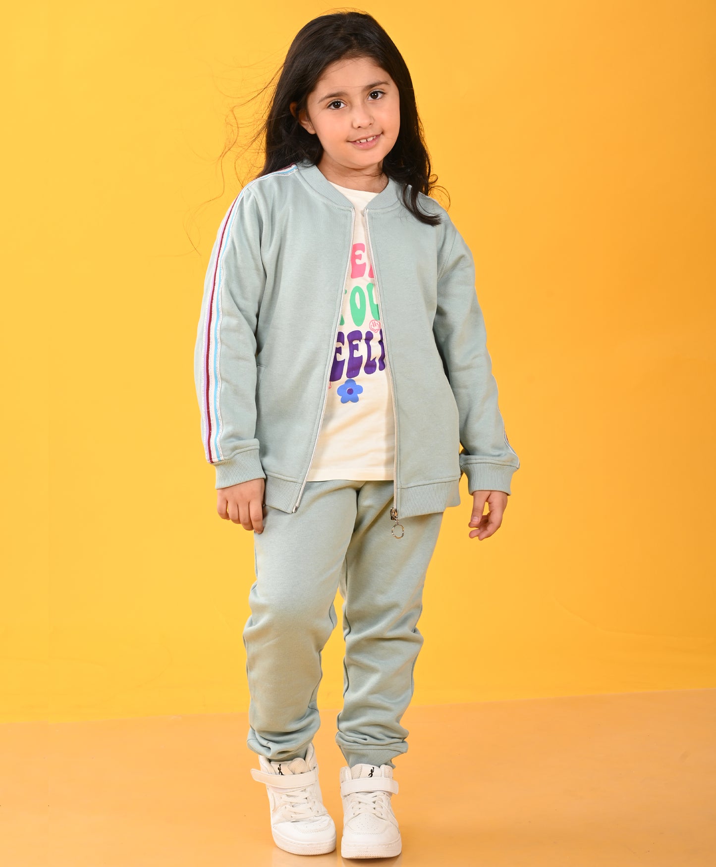 OIL GREEN PINK SIDE TAPE FLEECE ZIPPER SWEATSHIRT JOGGER SET D - GREEN