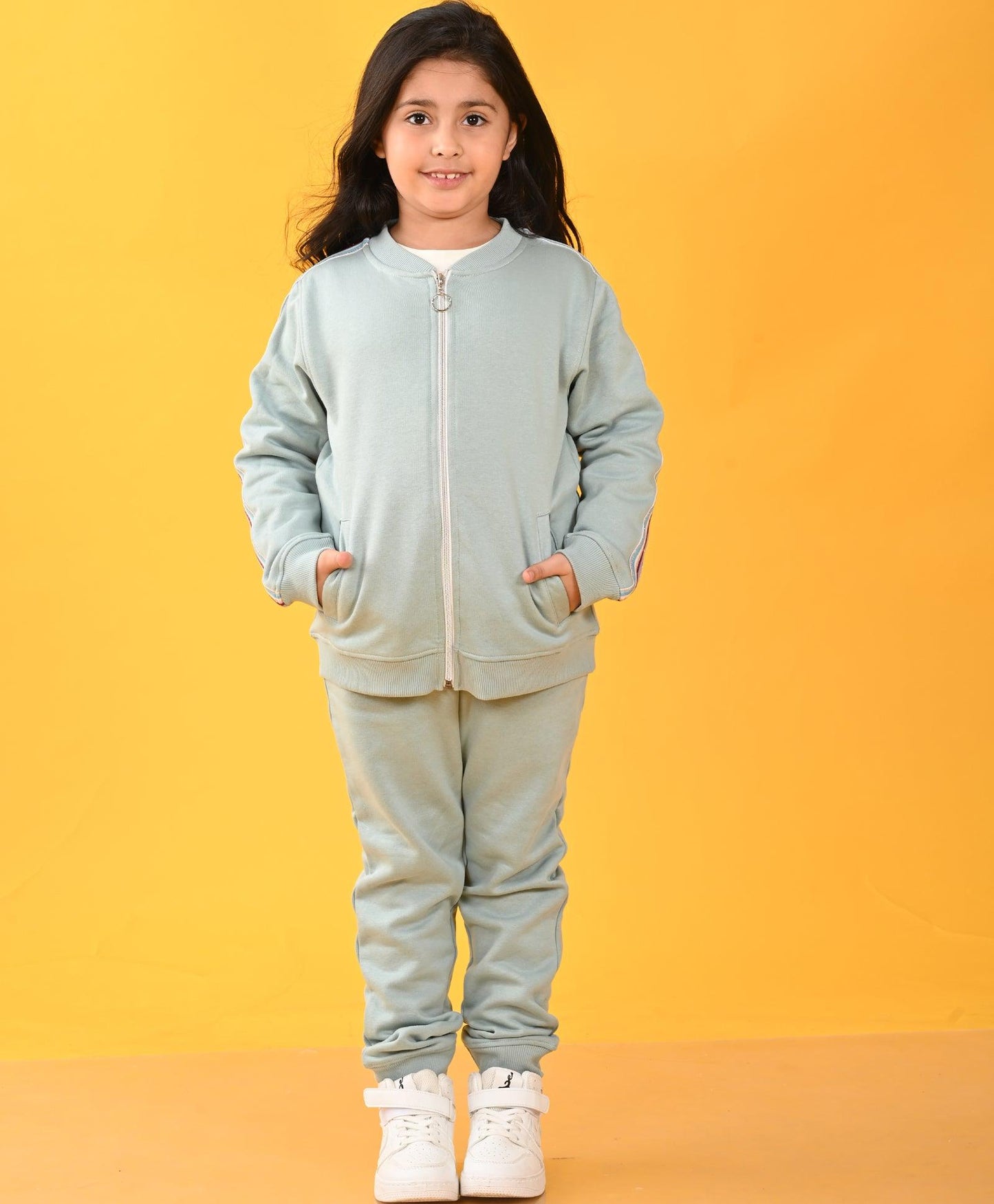 OIL GREEN PINK SIDE TAPE FLEECE ZIPPER SWEATSHIRT JOGGER SET - GREEN