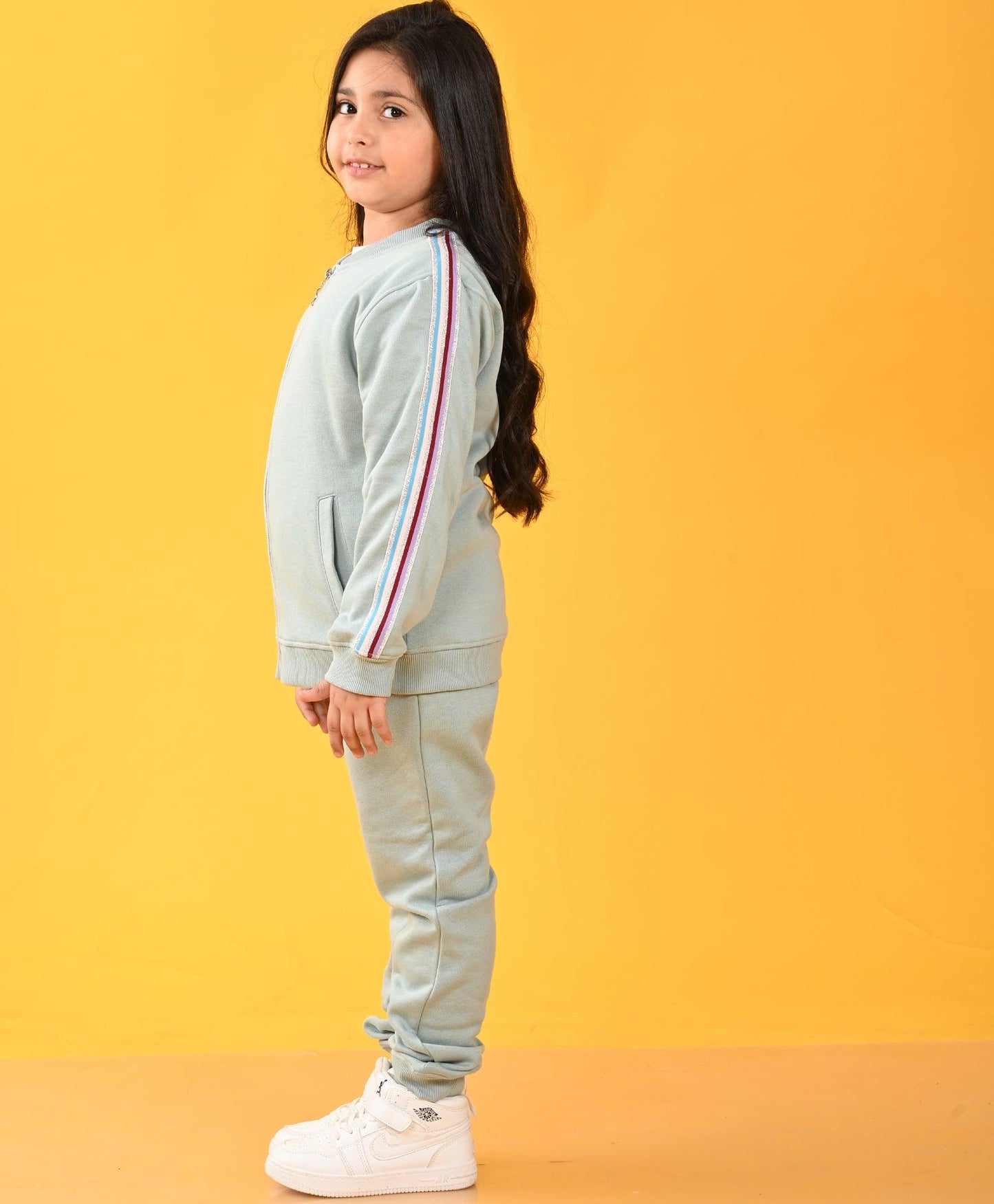 OIL GREEN PINK SIDE TAPE FLEECE ZIPPER SWEATSHIRT JOGGER SET - GREEN