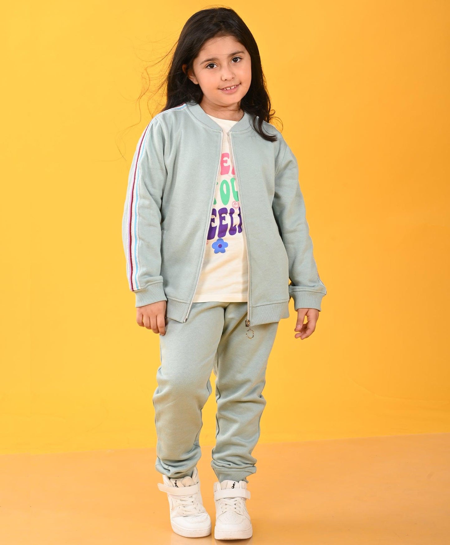 OIL GREEN PINK SIDE TAPE FLEECE ZIPPER SWEATSHIRT JOGGER SET - GREEN