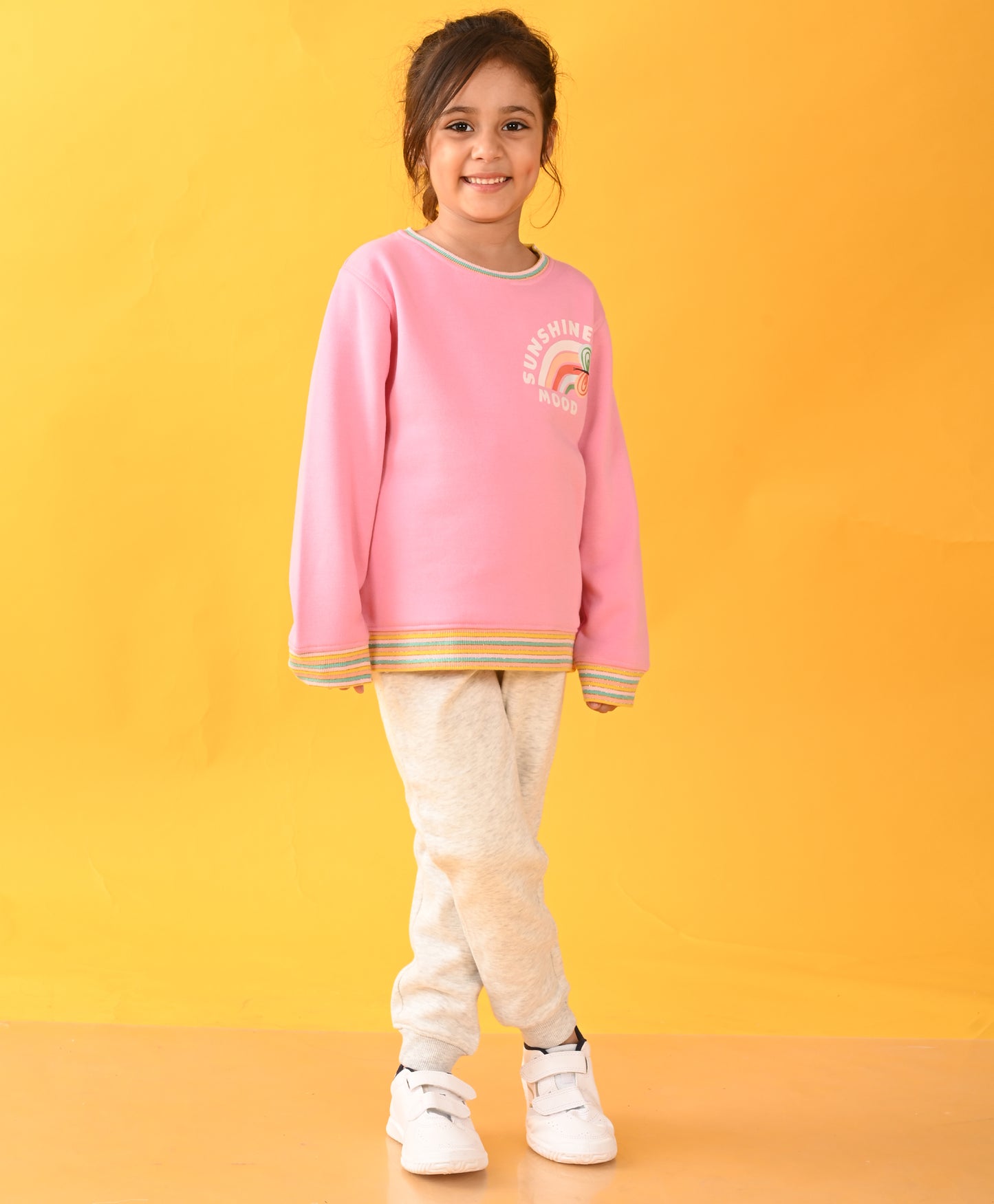 PINK SUNSHINE MULTICOLORED RIB FLEECE SWEATSHIRT ECRU JOGGER SET - PINK / ECRU