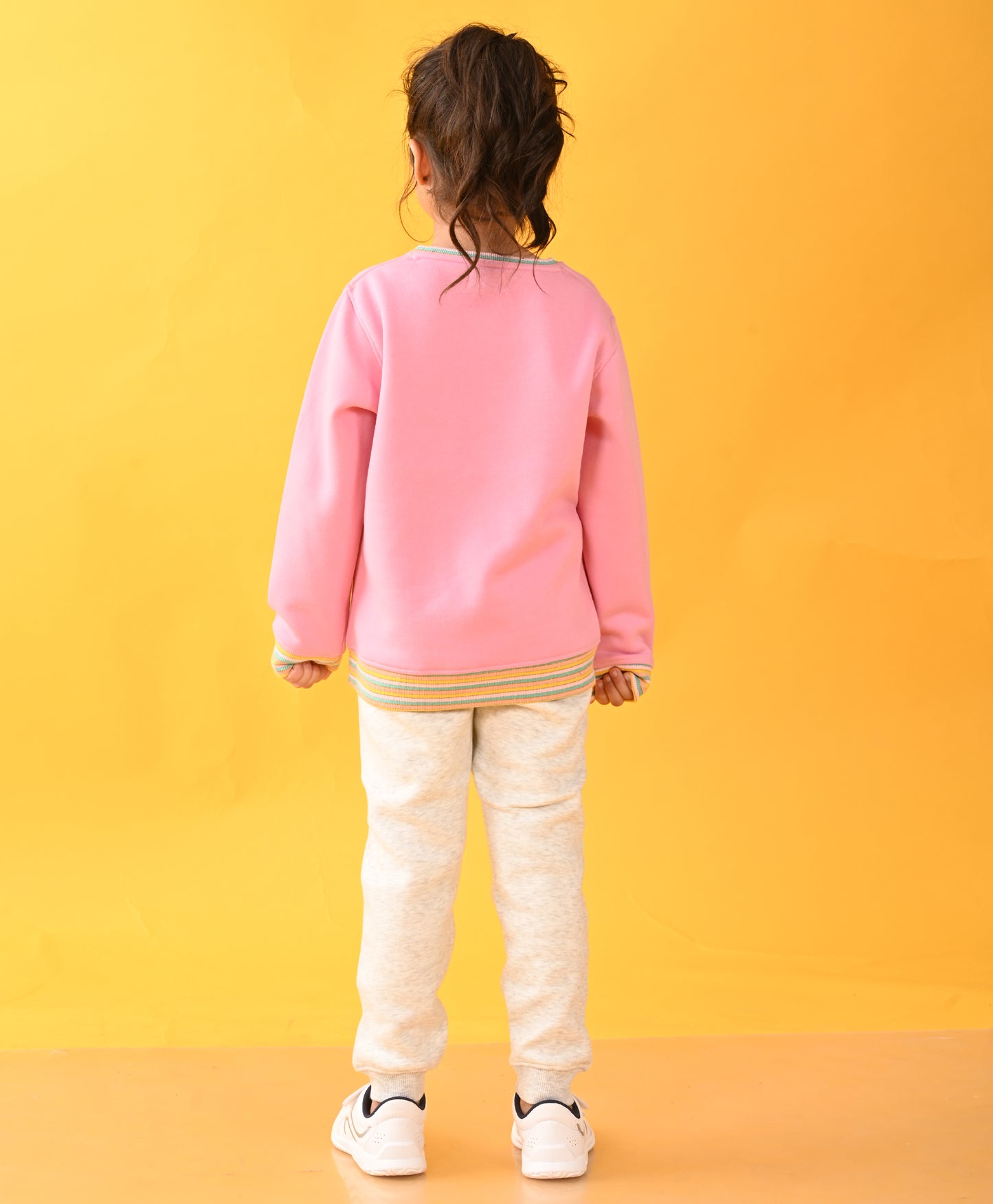 PINK SUNSHINE MULTICOLORED RIB FLEECE SWEATSHIRT ECRU JOGGER SET - PINK / ECRU
