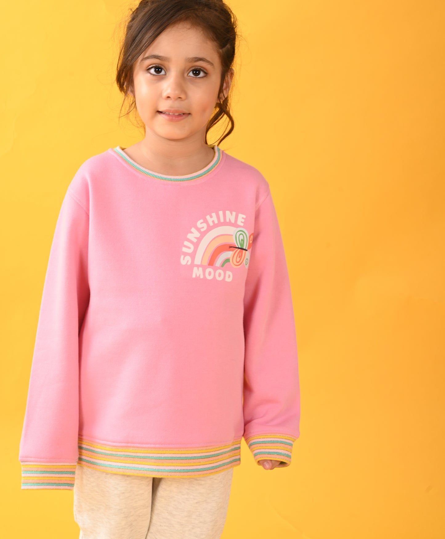 PINK SUNSHINE MULTICOLORED RIB FLEECE SWEATSHIRT ECRU JOGGER SET - PINK / ECRU