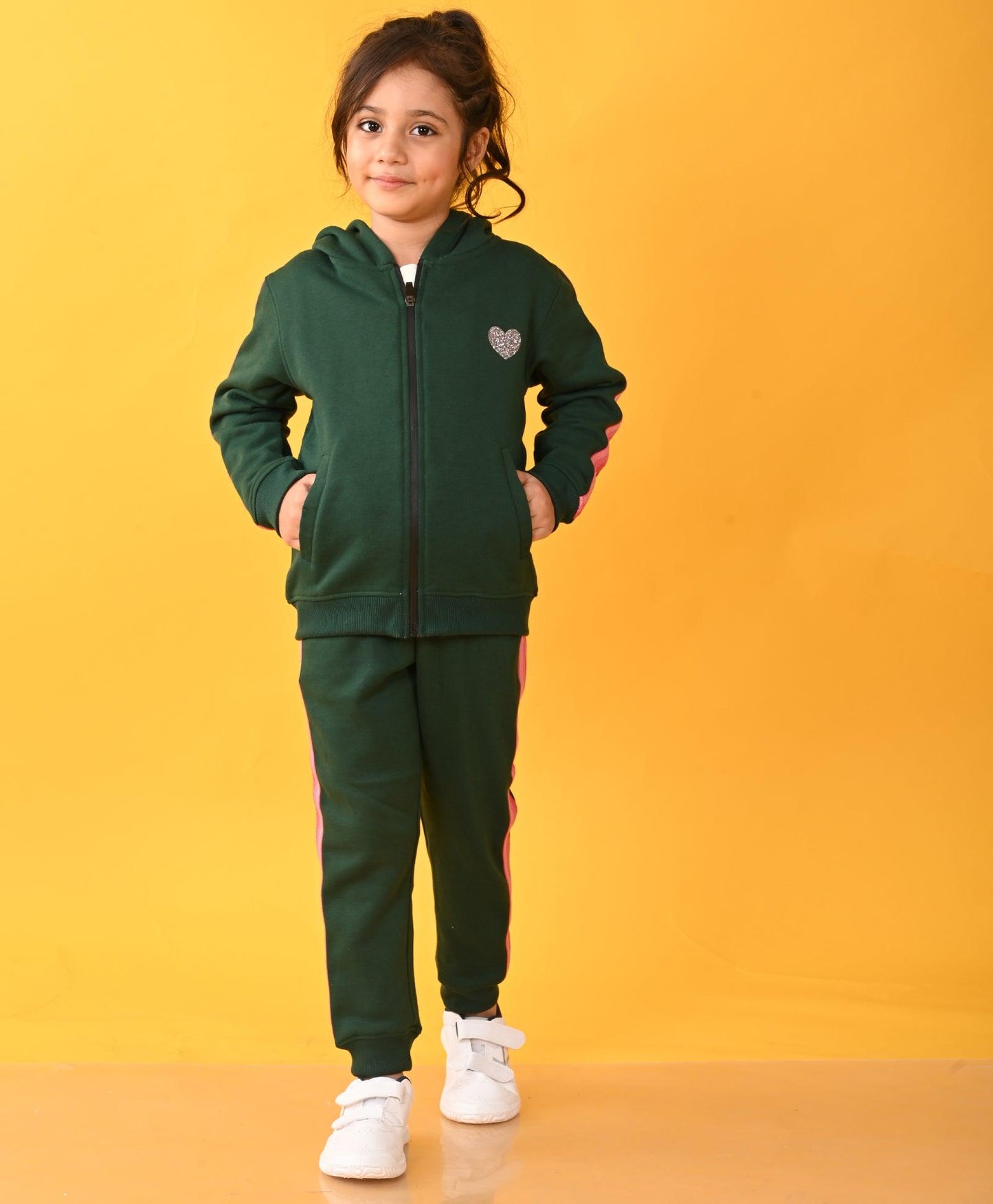 OLIVE FLEECE PINK GLITTER TAPE ZIPPER HOODIE JOGGER SET - OLIVE - Anthrilo