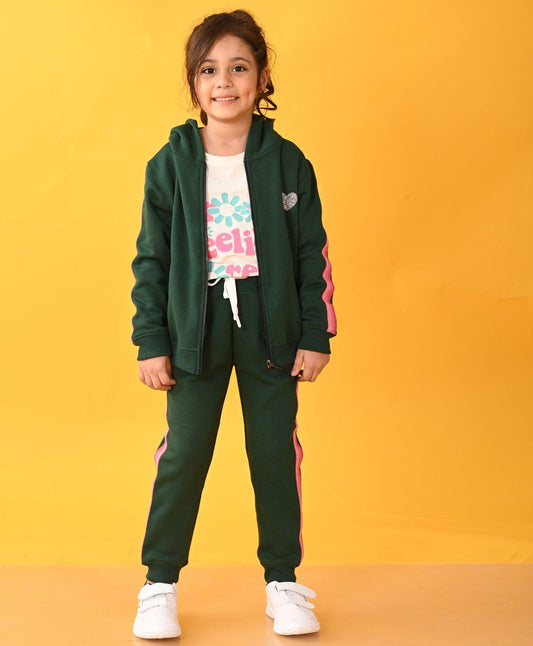 OLIVE FLEECE PINK GLITTER TAPE ZIPPER HOODIE JOGGER SET - OLIVE - Anthrilo