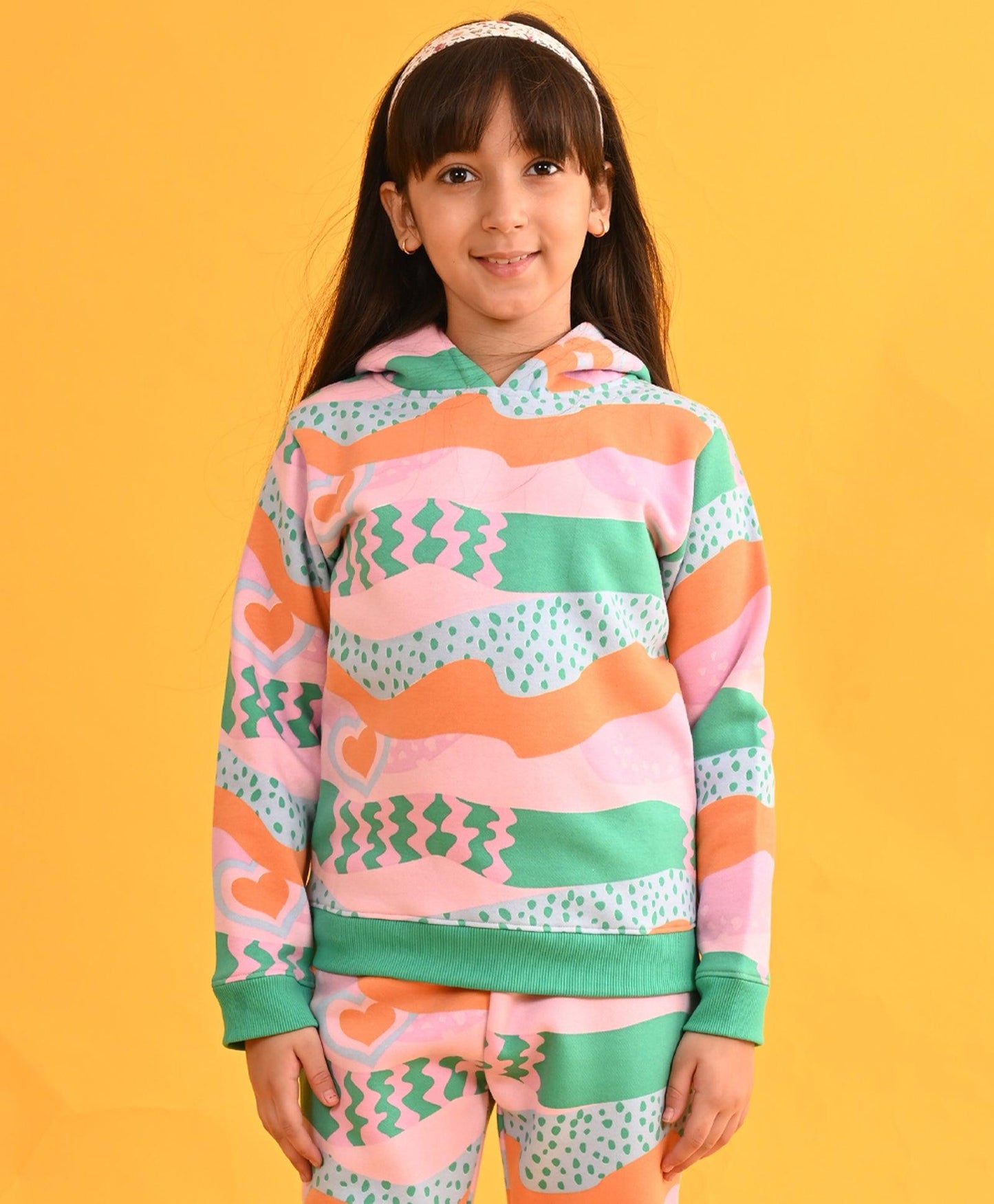 HEART WAVES FLEECE GIRLS SWEATSHIRT HOODIE - PINK
