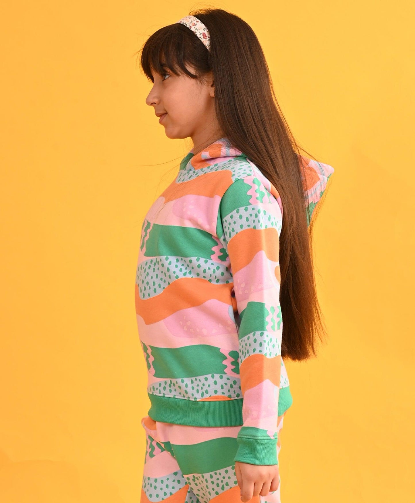 HEART WAVES FLEECE GIRLS SWEATSHIRT HOODIE - PINK
