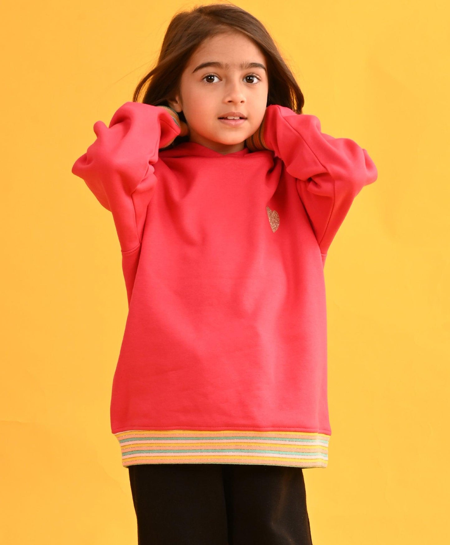 HOT PINK HEART RIBBED FLEECE HOODIE - PINK