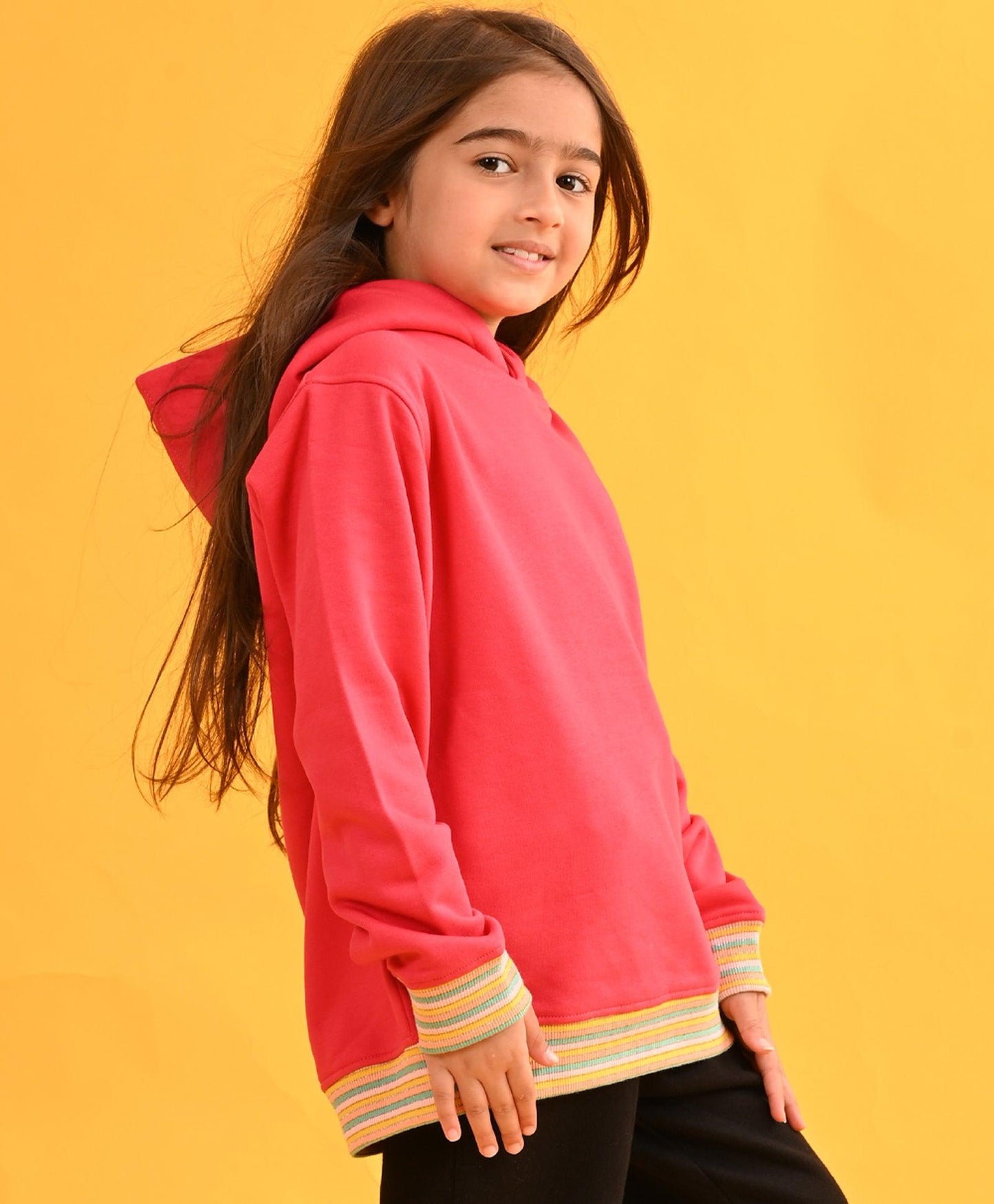 HOT PINK HEART RIBBED FLEECE HOODIE - PINK