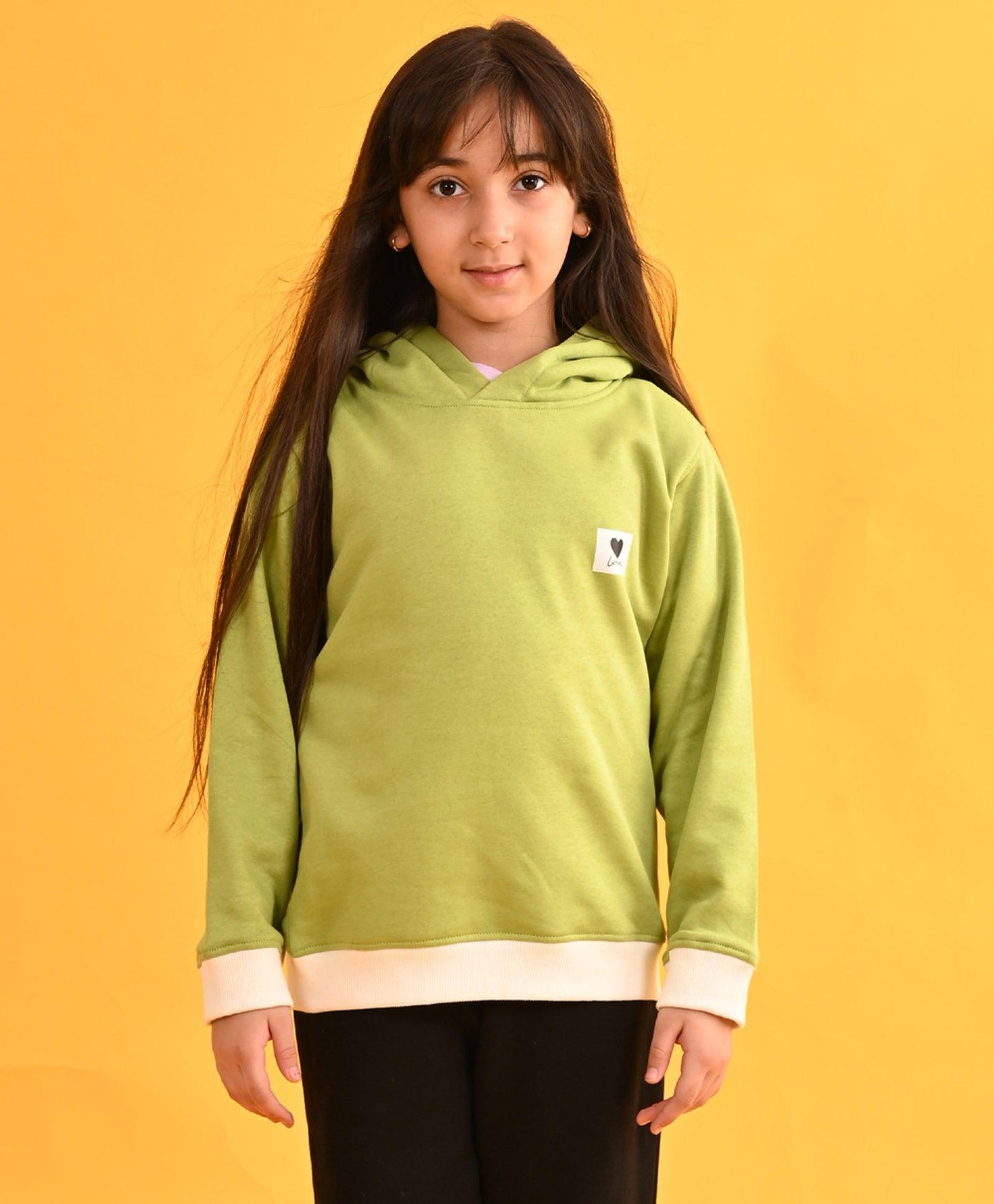 LOVE GREEN WHITE RIB FLEECE HOODIE - GREEN