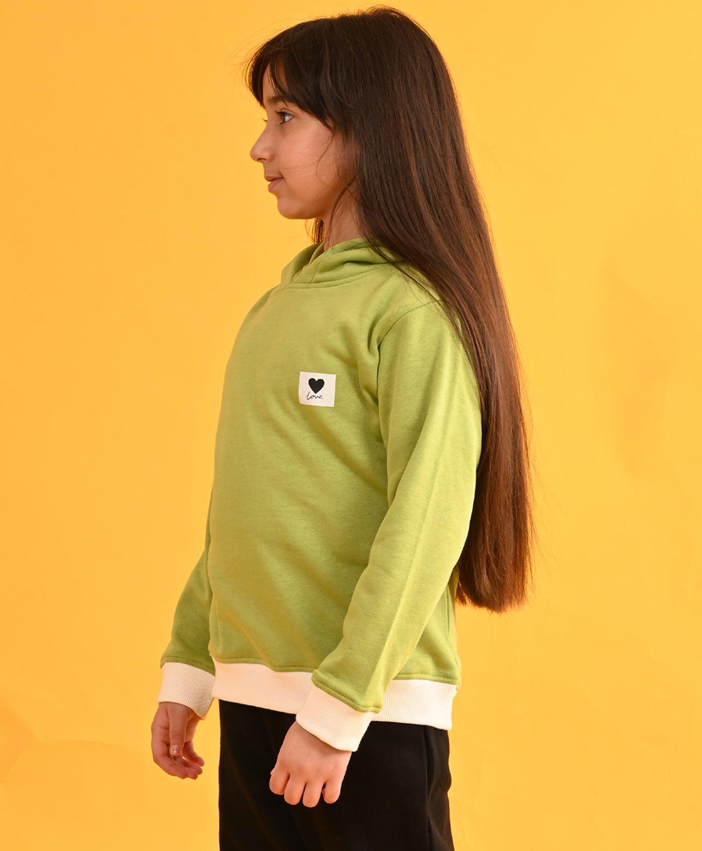 LOVE GREEN WHITE RIB FLEECE HOODIE - GREEN