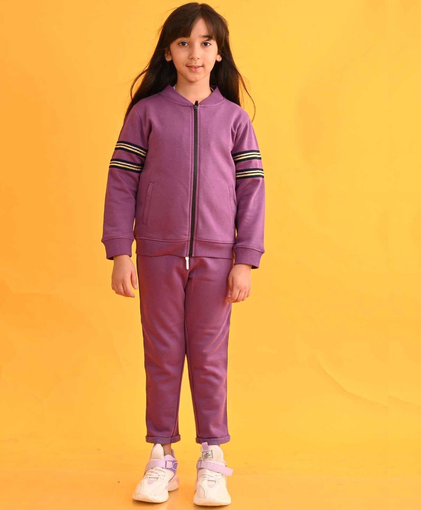 PURPLE GLITTER TAPE ZIPPER FLEECE SWEATSHIRT JOGGER SET - PURPLE