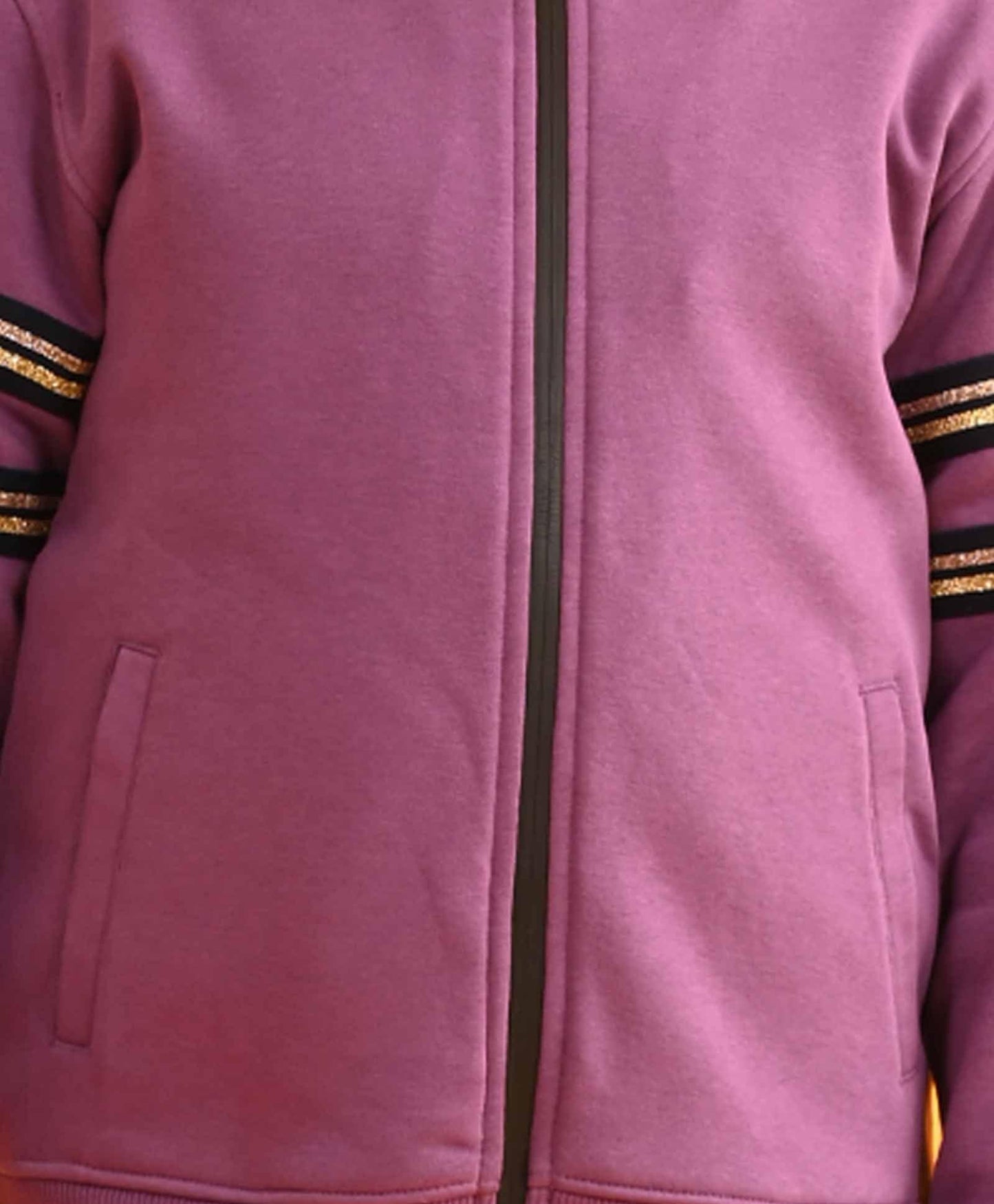 PURPLE GLITTER TAPE ZIPPER FLEECE SWEATSHIRT JOGGER SET - PURPLE