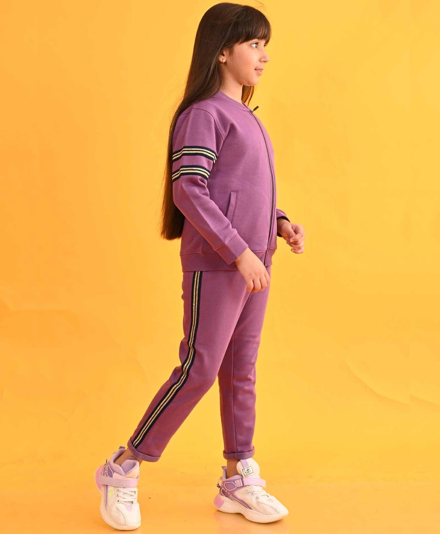 PURPLE GLITTER TAPE ZIPPER FLEECE SWEATSHIRT JOGGER SET - PURPLE