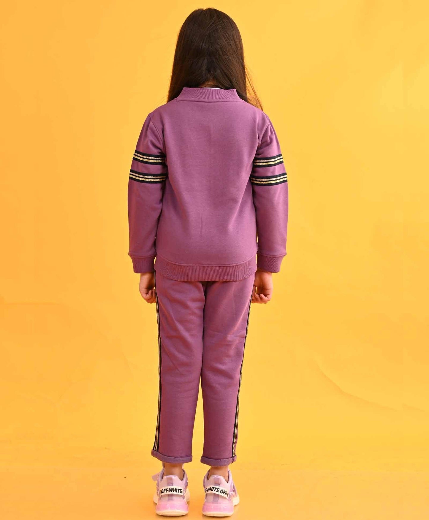 PURPLE GLITTER TAPE ZIPPER FLEECE SWEATSHIRT JOGGER SET - PURPLE