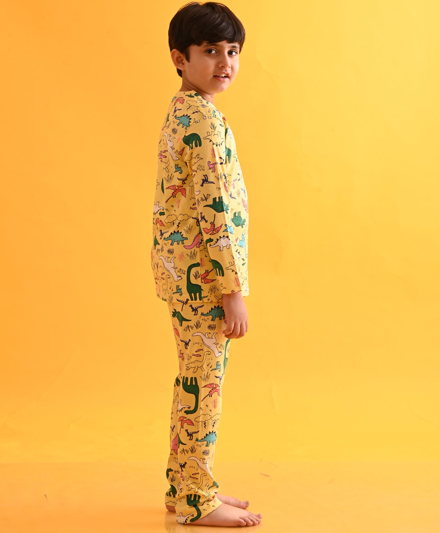 RAINING DINOSAUR LONG SLEEVES PYJAMA SET D - YELLOW